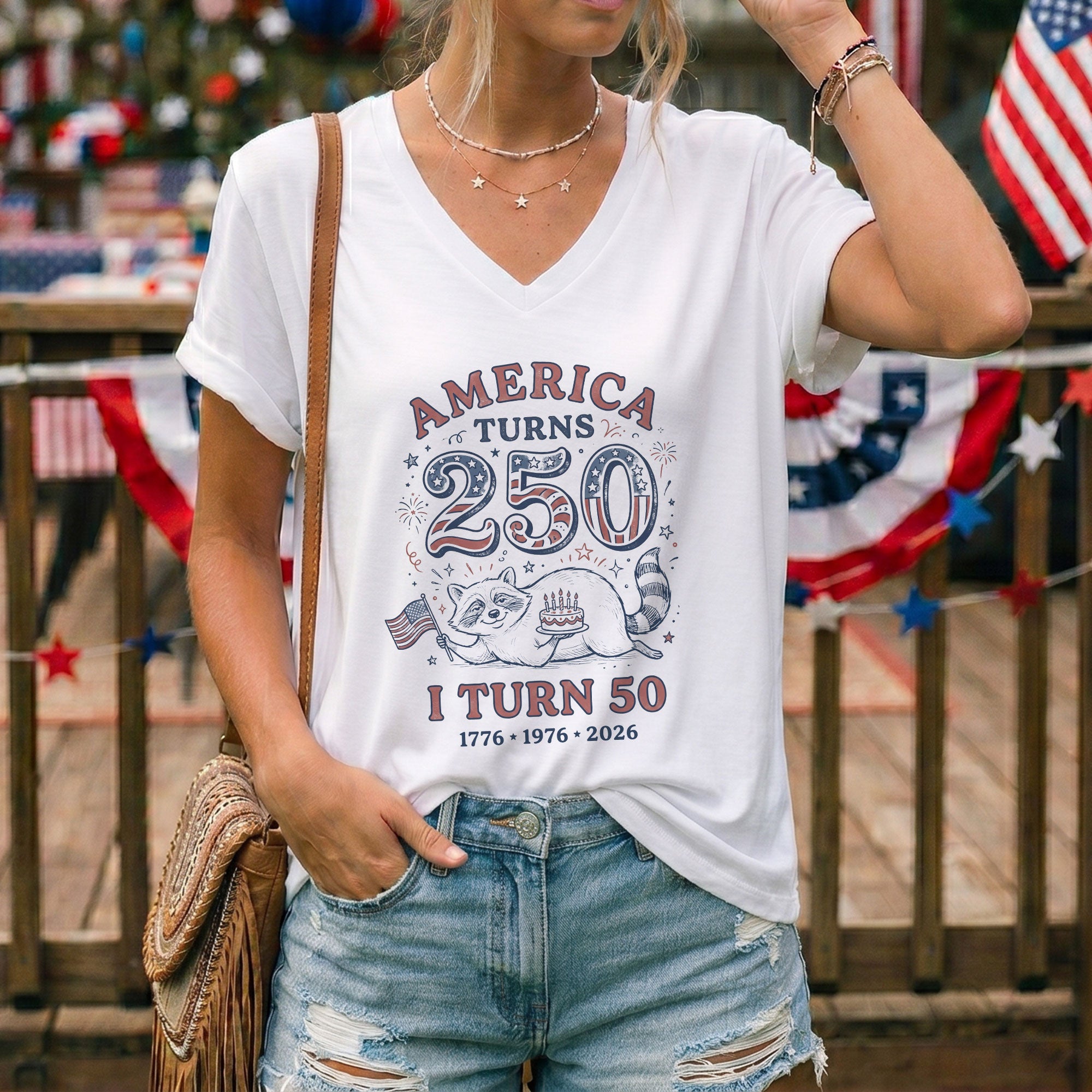 Funny America 250th Birthday and My 50th Birthday Raccoon Holding Cake and USA Flag Shirt