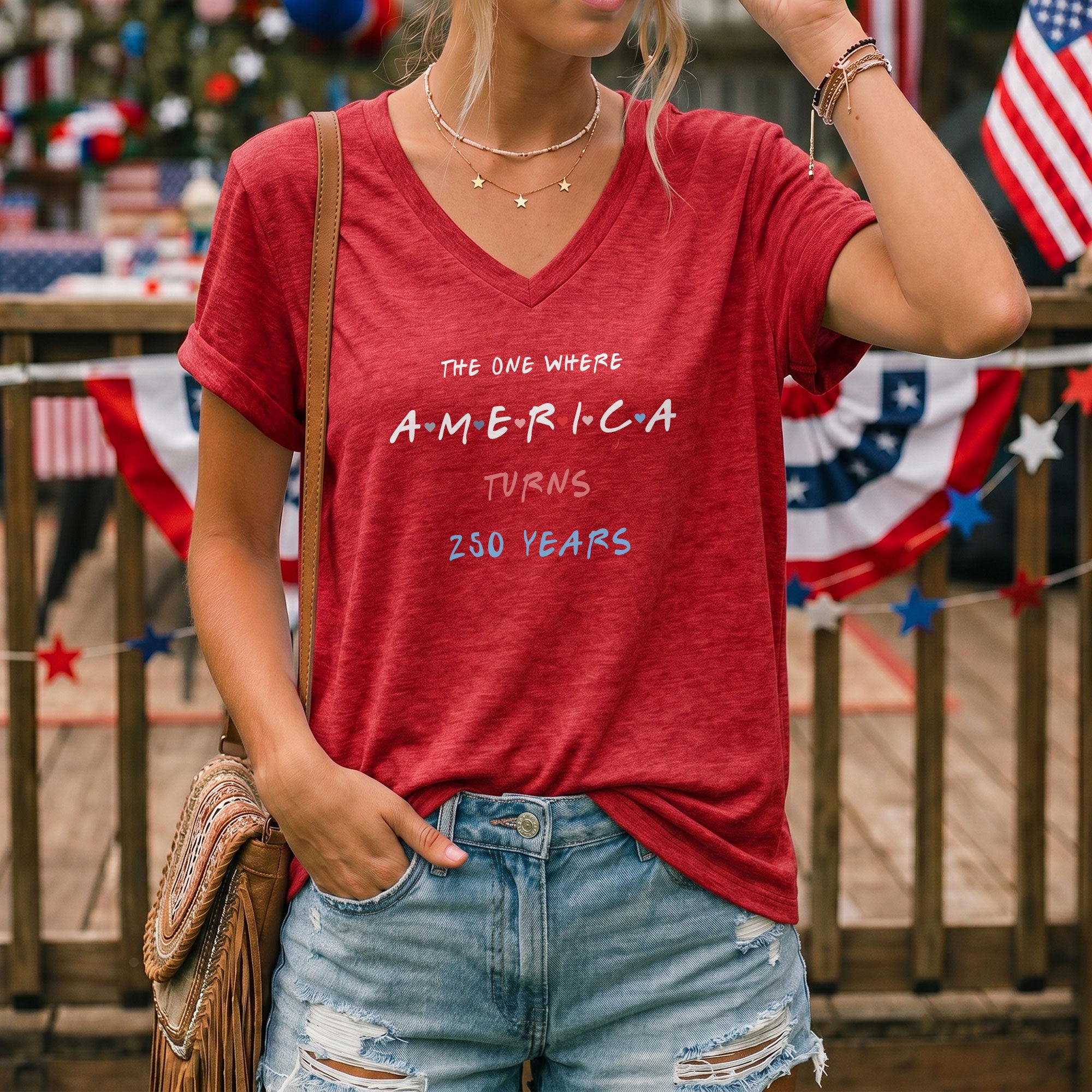 Women V Neck T Shirt America Turns 250 Years Patriotic Friends Font Graphic Tee