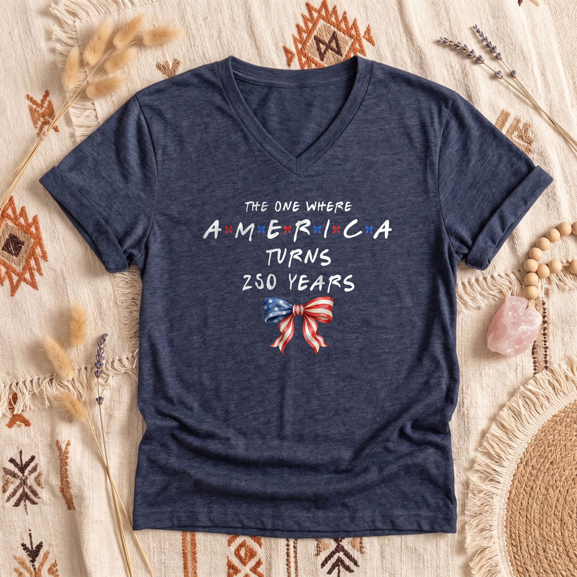 Women V Neck T Shirt America Turns 250 Years Patriotic Coquette Flag Bow Graphic Tee