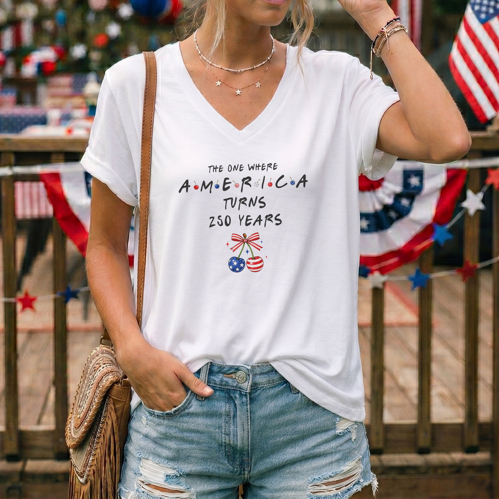 Patriotic Cherries America Turns 250 Years Women V Neck T Shirt White Graphic Tee