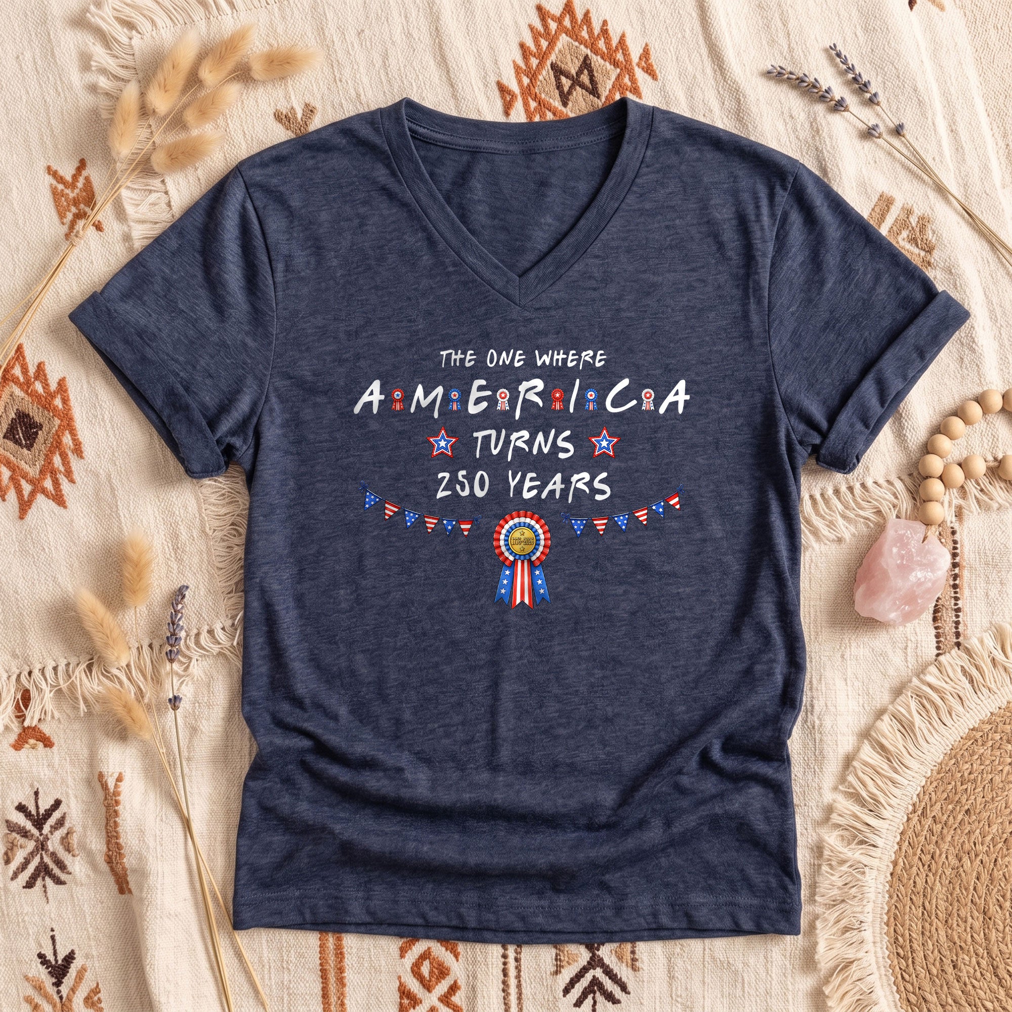 Patriotic Ribbon Bunting America Turns 250 Years Women V Neck T Shirt Heather Navy Tee