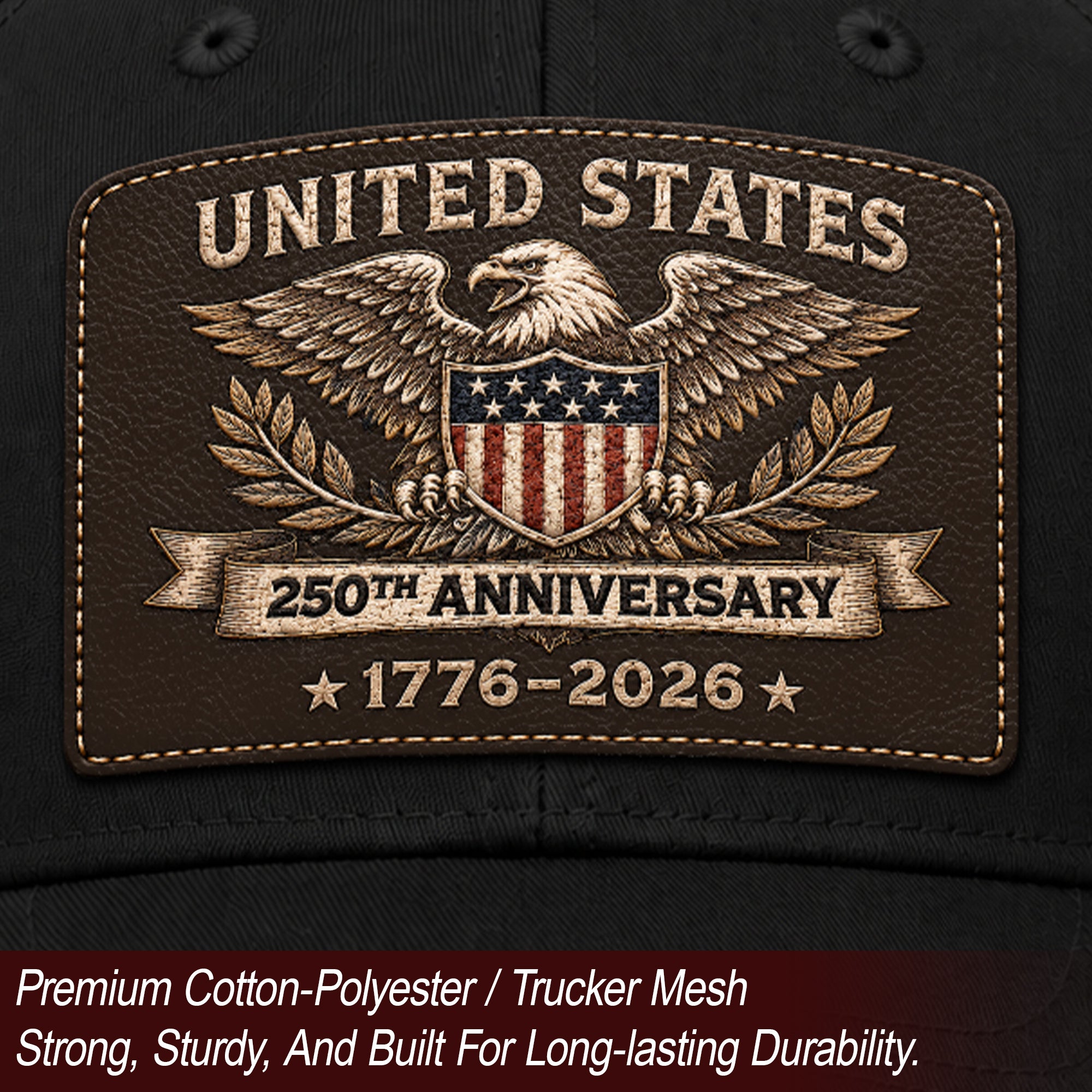 US 250th Anniversary Trucker Hat Vintage American Eagle Leather Patch Black Cap