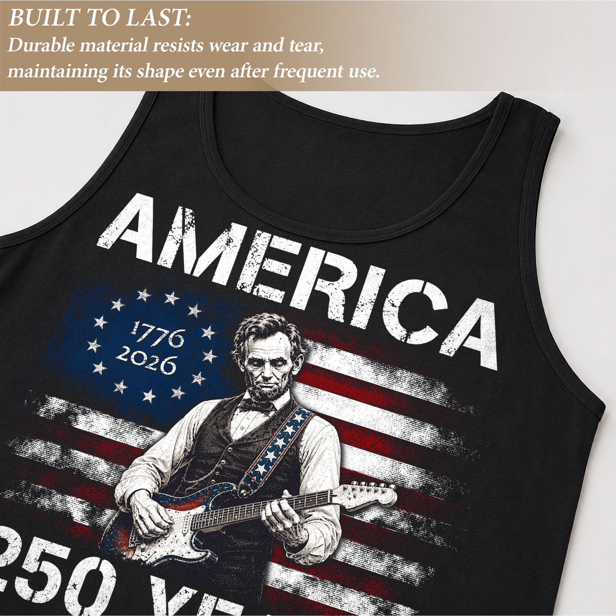 Retro Lincoln Guitar Flag Tank Top 1776-2026 Patriotic Vintage Men Graphic Sleeveless Shirt