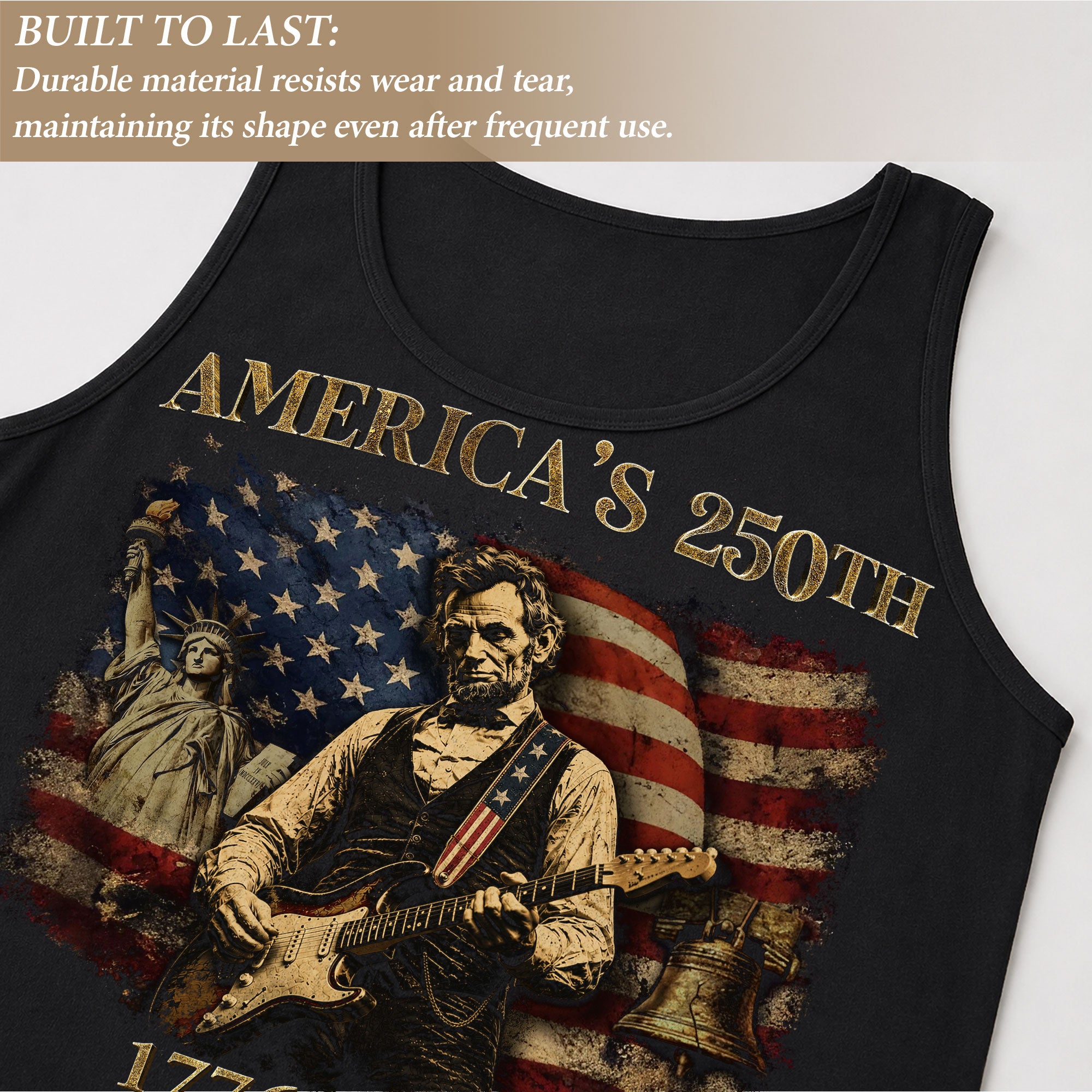 Lincoln Liberty Statue Guitar Tank Top 1776-2026 Patriotic Vintage Men Graphic Gym Shirt