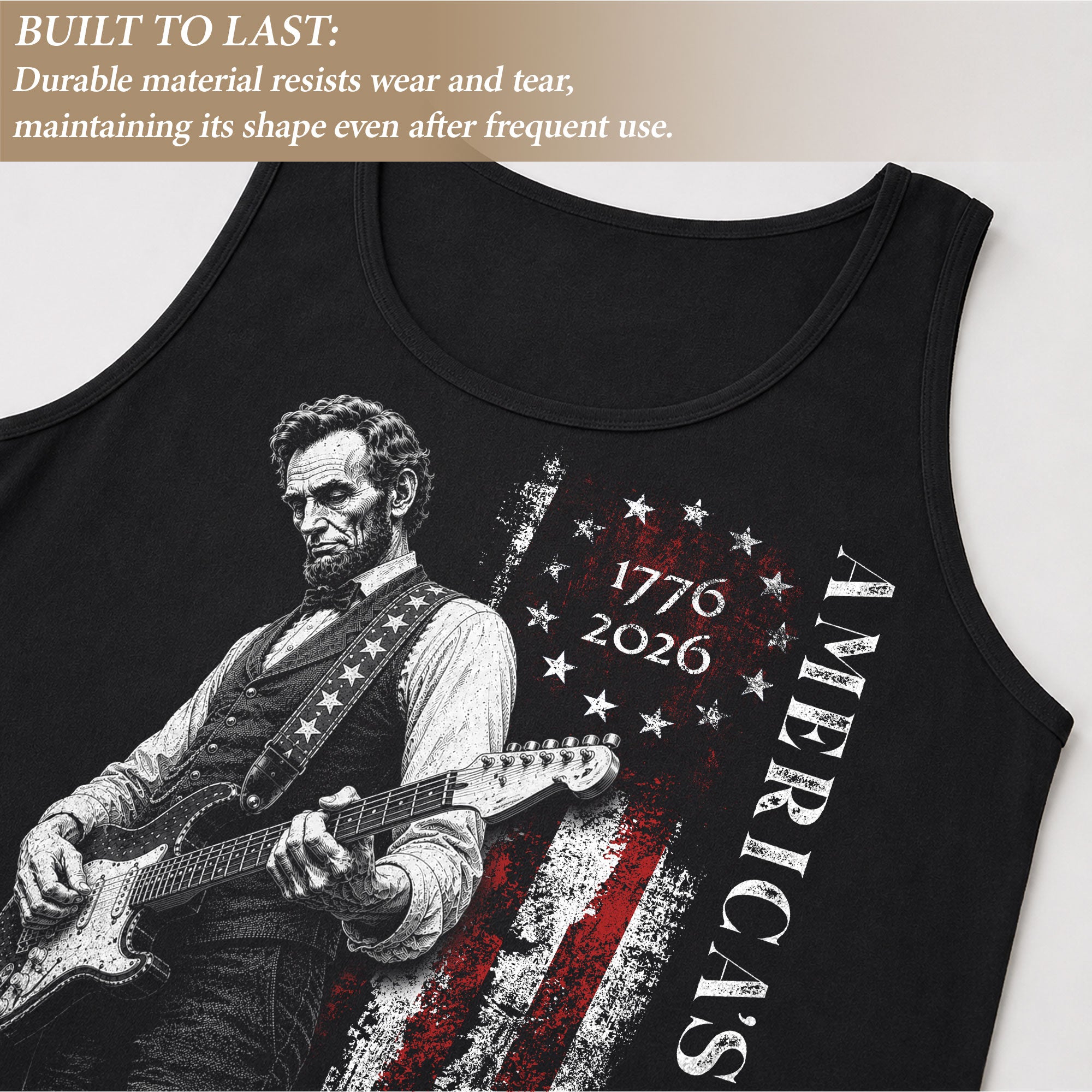 Vertical Flag Lincoln Guitar Tank Top 1776-2026 Patriotic Vintage Men Graphic Gym Shirt