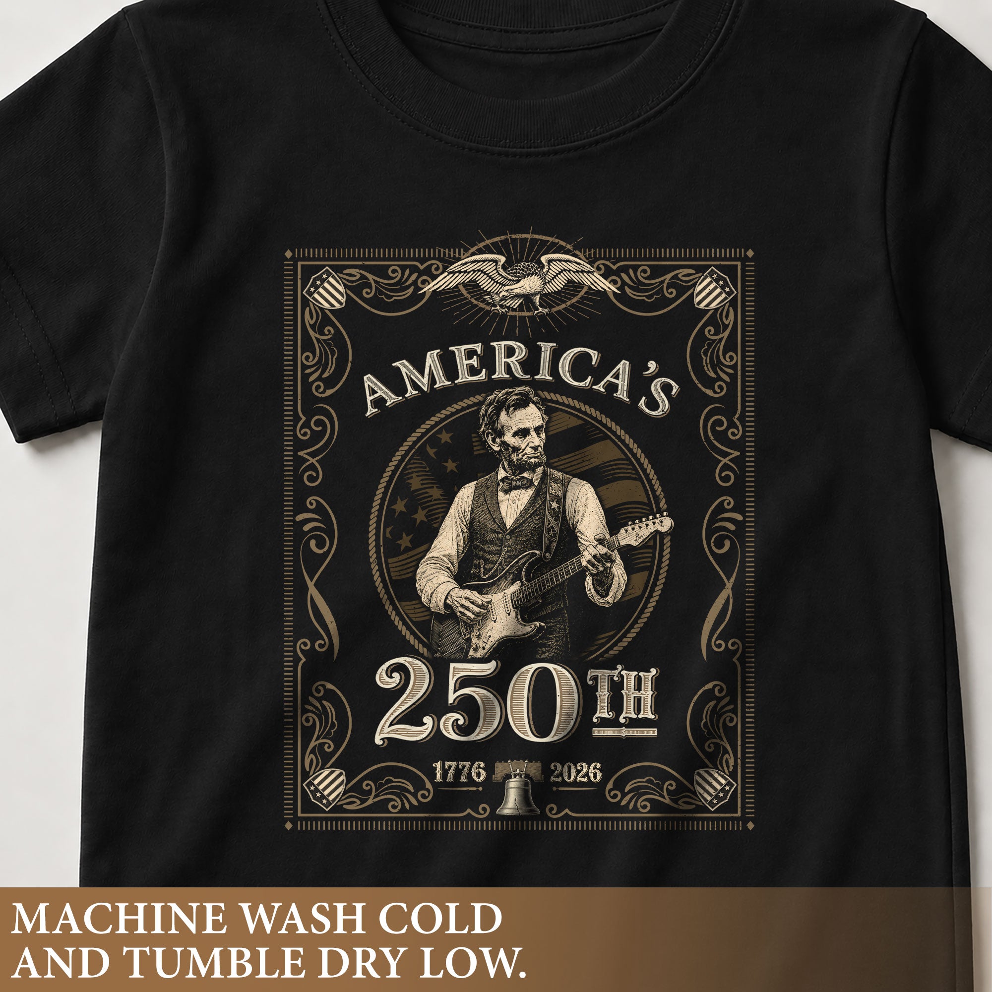 Kids America's 250th Anniversary T-Shirt 1776–2026 Lincoln Guitar Patriotic Tee