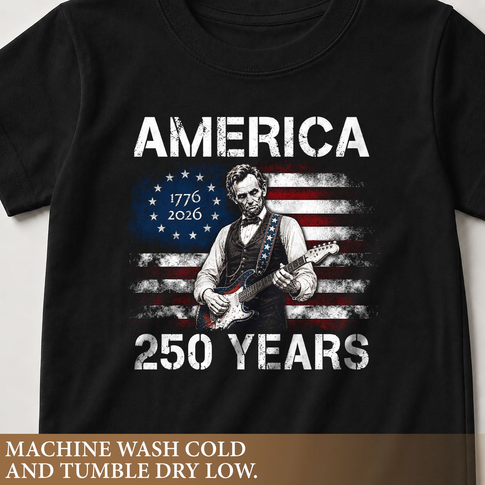 Kids America 250 Years T-Shirt 1776–2026 Lincoln Guitar Patriotic Youth Tee