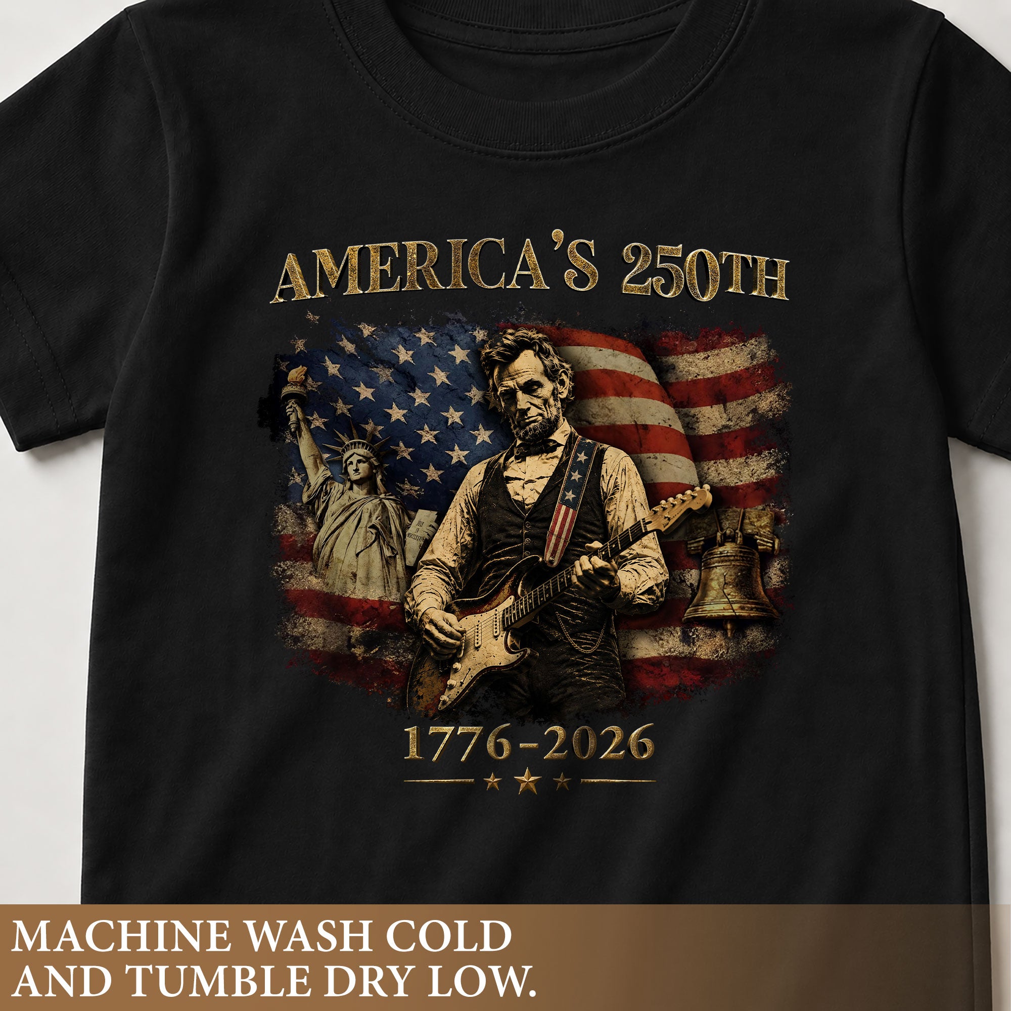 Kids America's 250th Anniversary T-Shirt 1776–2026 Lincoln Patriotic Guitar Tee