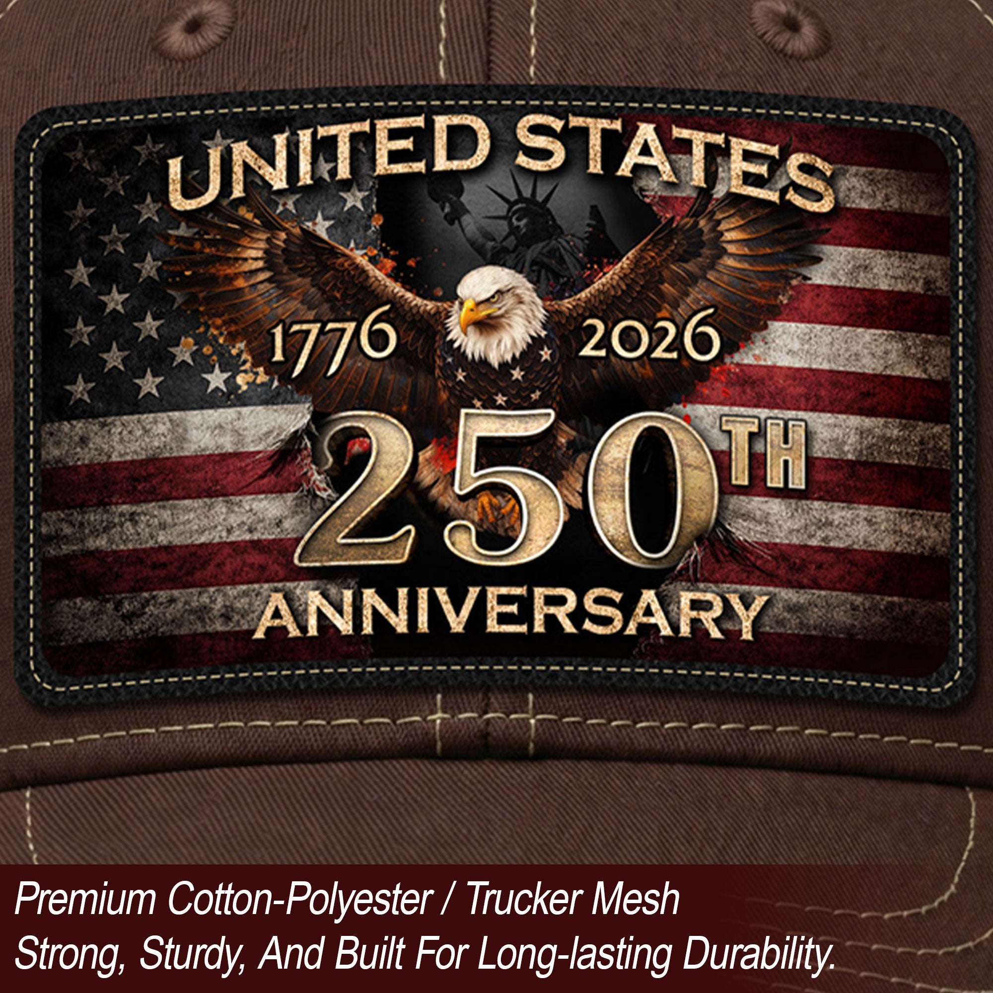 1776-2026 USA Commemorative Leather Patch Trucker Hat Majestic Eagle Mesh Back Cap