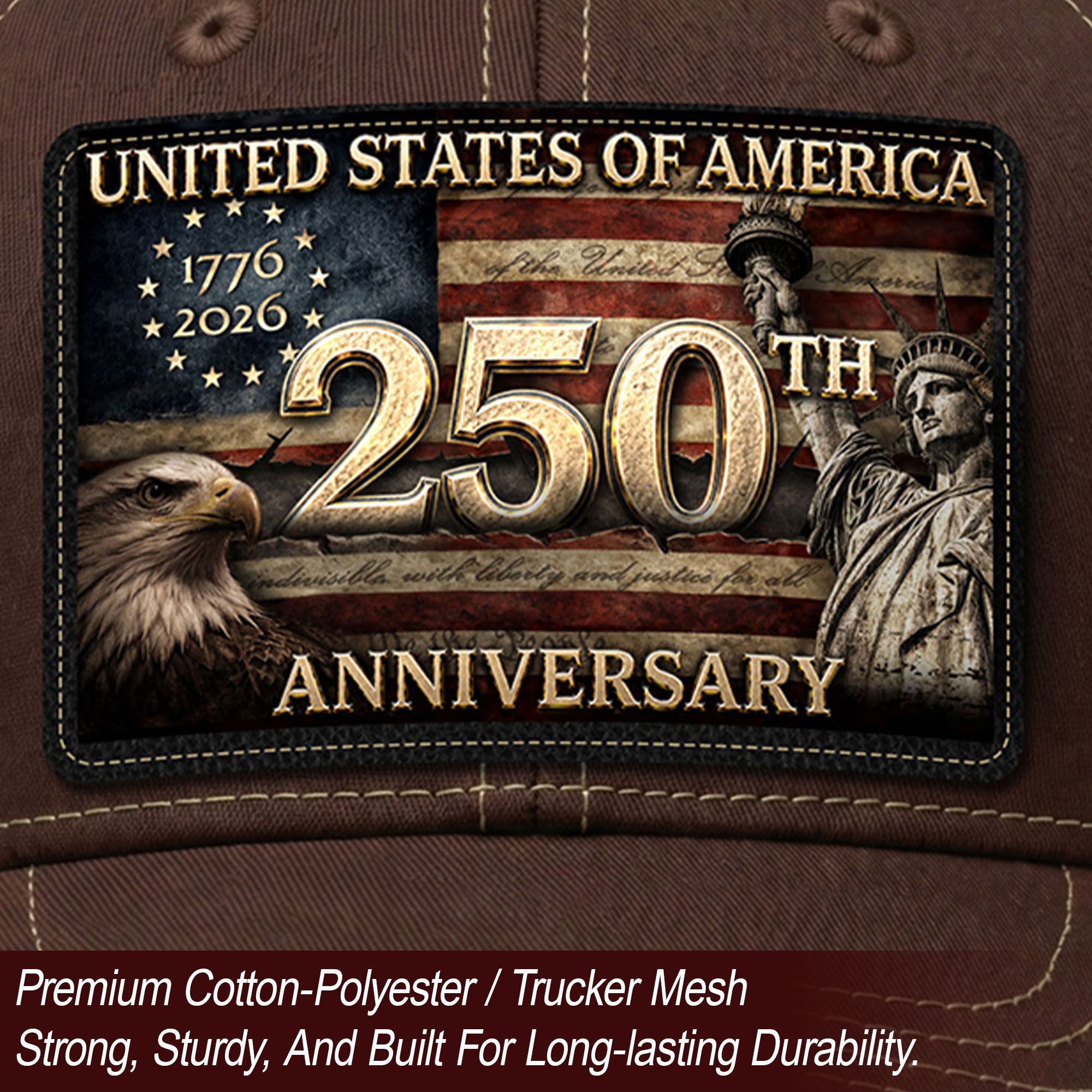 USA 250th Anniversary Leather Patch Trucker Hat Eagle & Statue of Liberty Mesh Cap