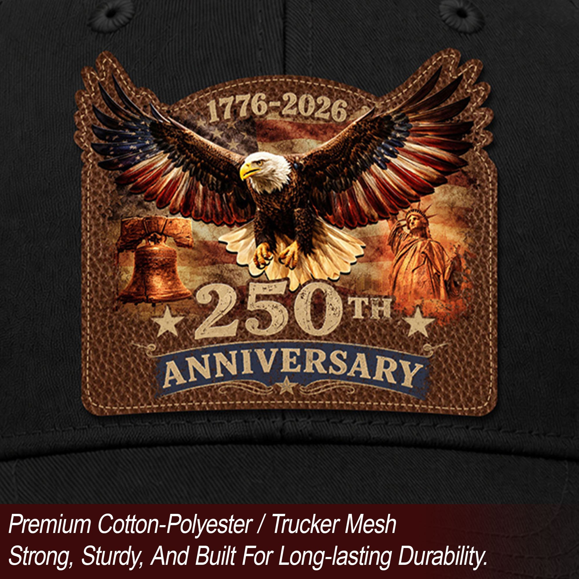 1776-2026 USA Heritage Leather Patch Trucker Cap Patriotic Eagle & Liberty Bell Hat
