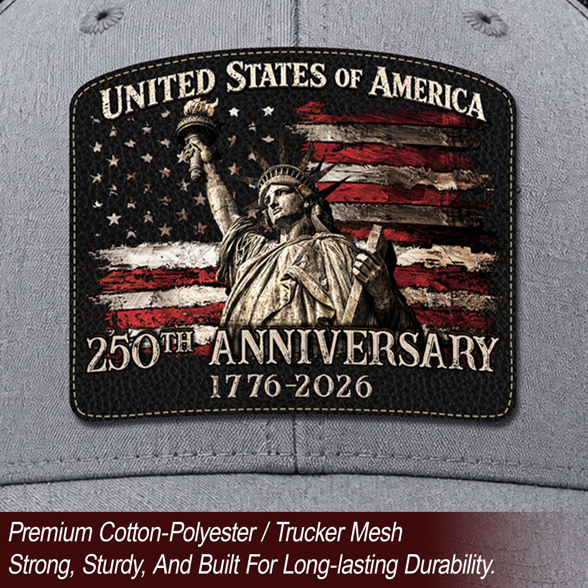 United States 1776-2026 Leather Patch Cap Patriotic Statue of Liberty Mesh Hat