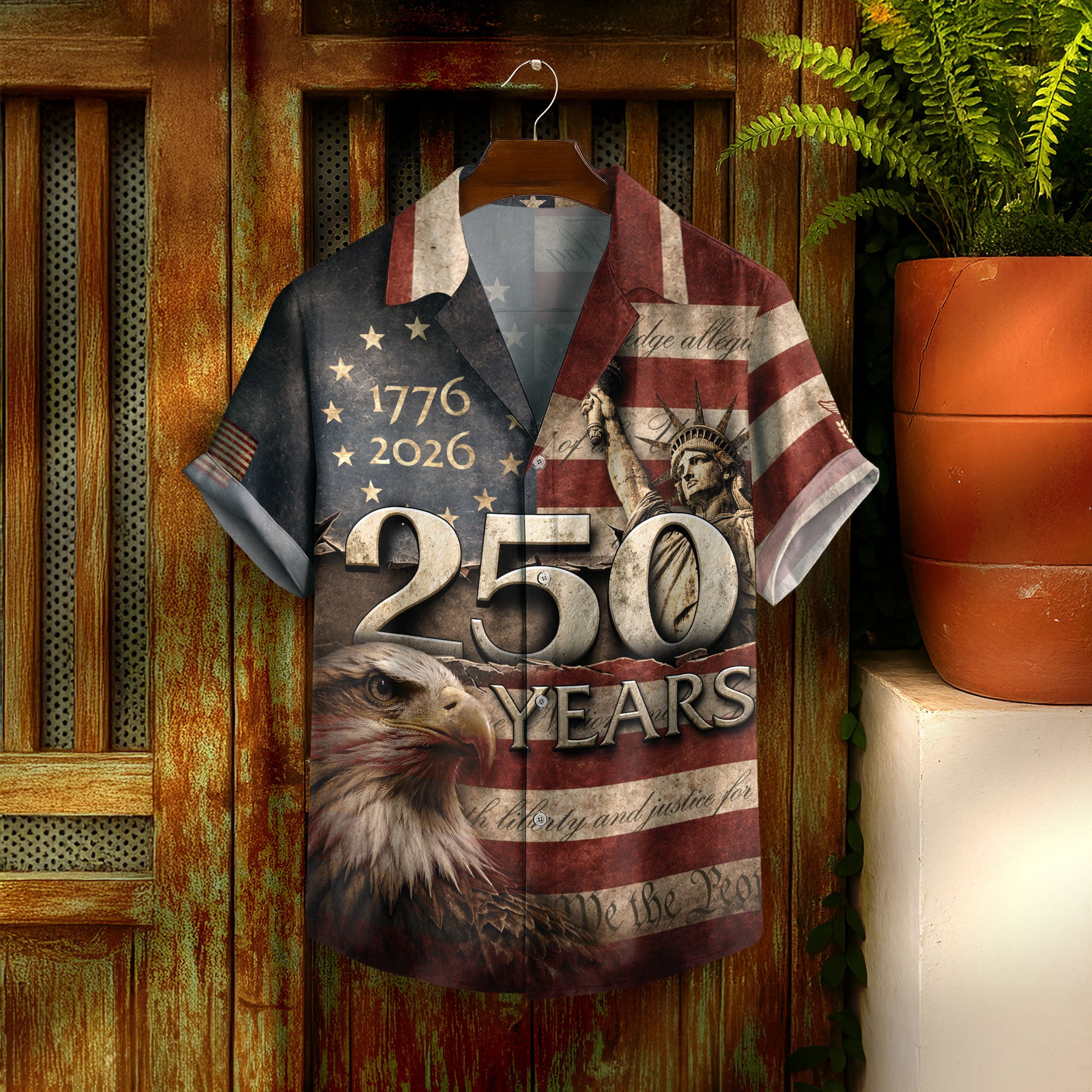Hawaiian Shirt 250th Anniversary Vintage US Tattered Flag Patriotic Eagle
