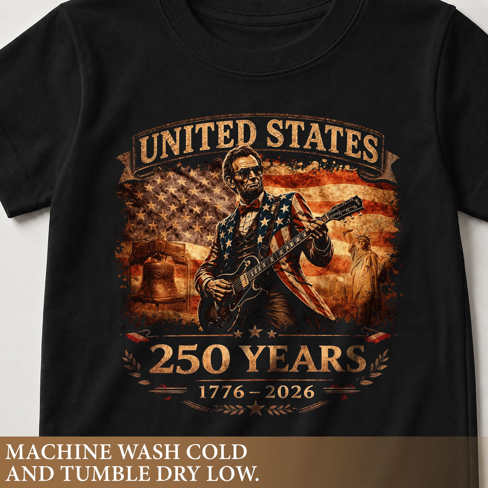Kids America 250 Years T-Shirt 1776–2026 Lincoln Guitar Patriotic Youth Graphic Tee