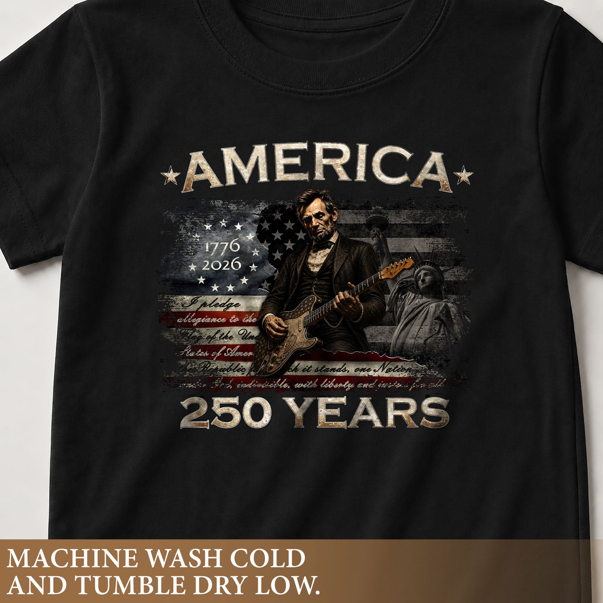 Kids America 250 Years T-Shirt 1776–2026 Lincoln Patriotic Guitar Youth Tee