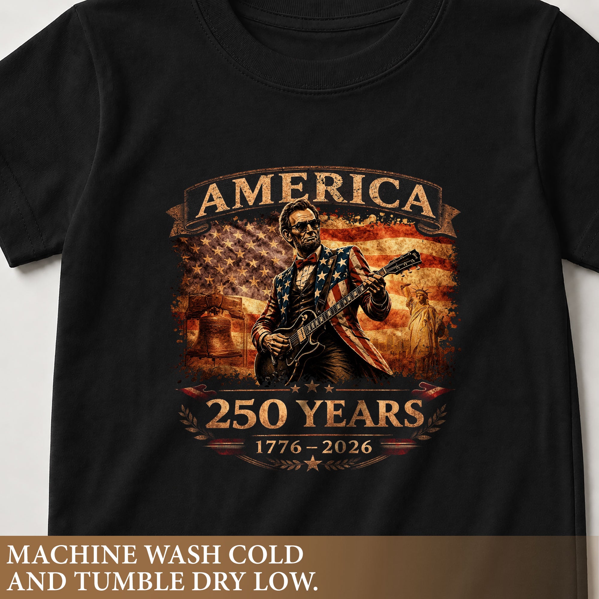 Kids America 250 Years T-Shirt 1776–2026 Lincoln Guitar Patriotic Youth Graphic Tee