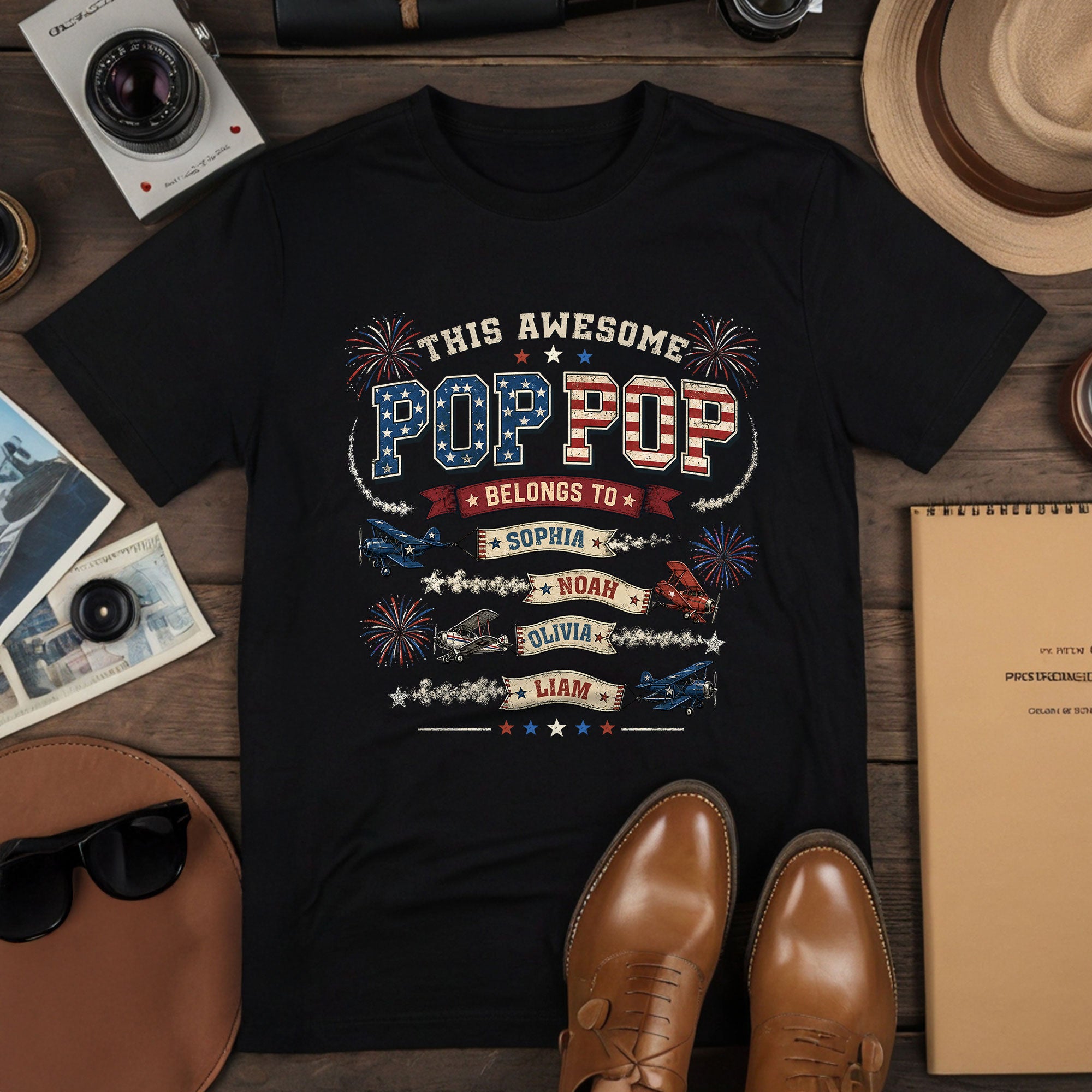 Retro Biplane Graphic Tee Custom Names Personalized Title All Ages Matching Shirt