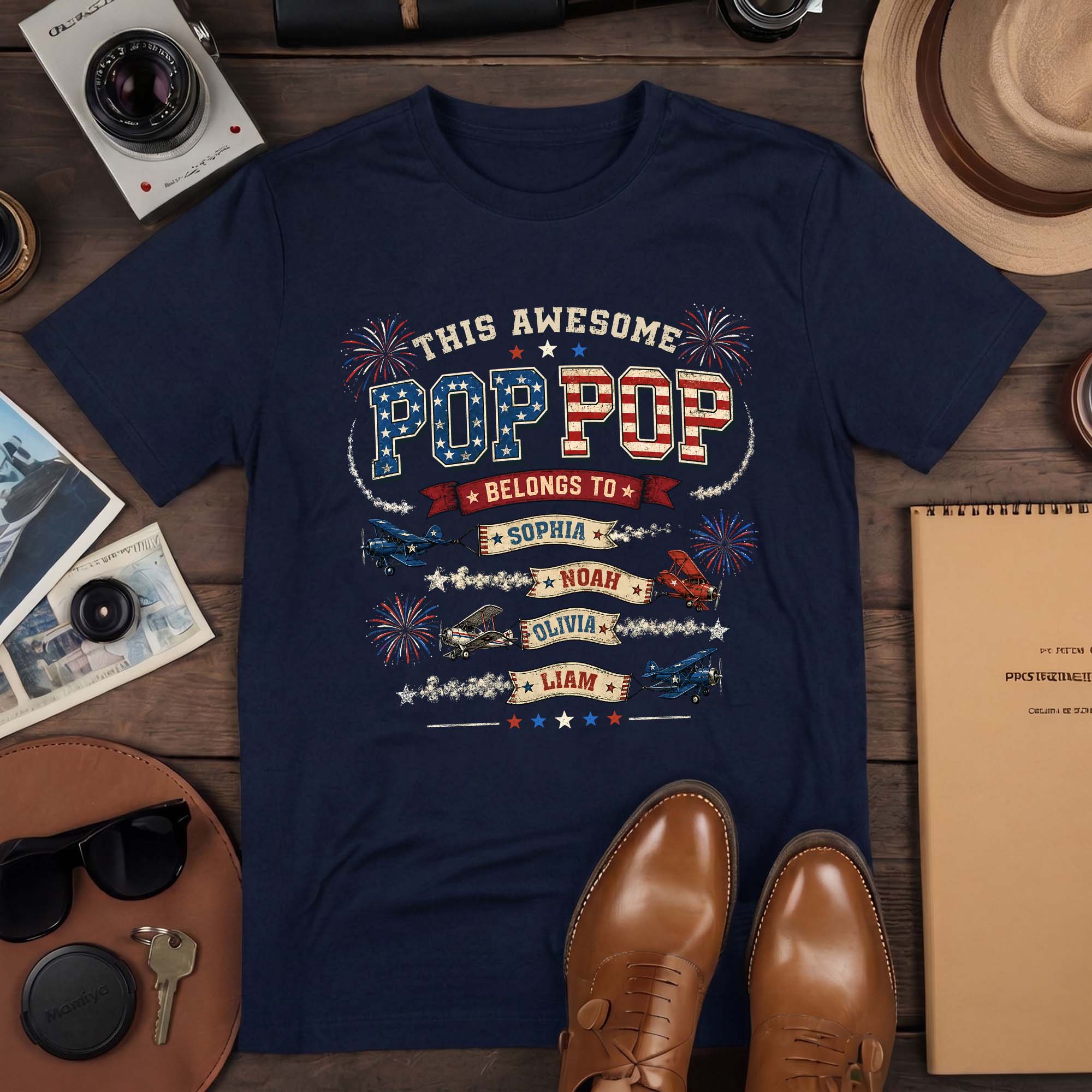 Retro Biplane Graphic Tee Custom Names Personalized Title All Ages Matching Shirt