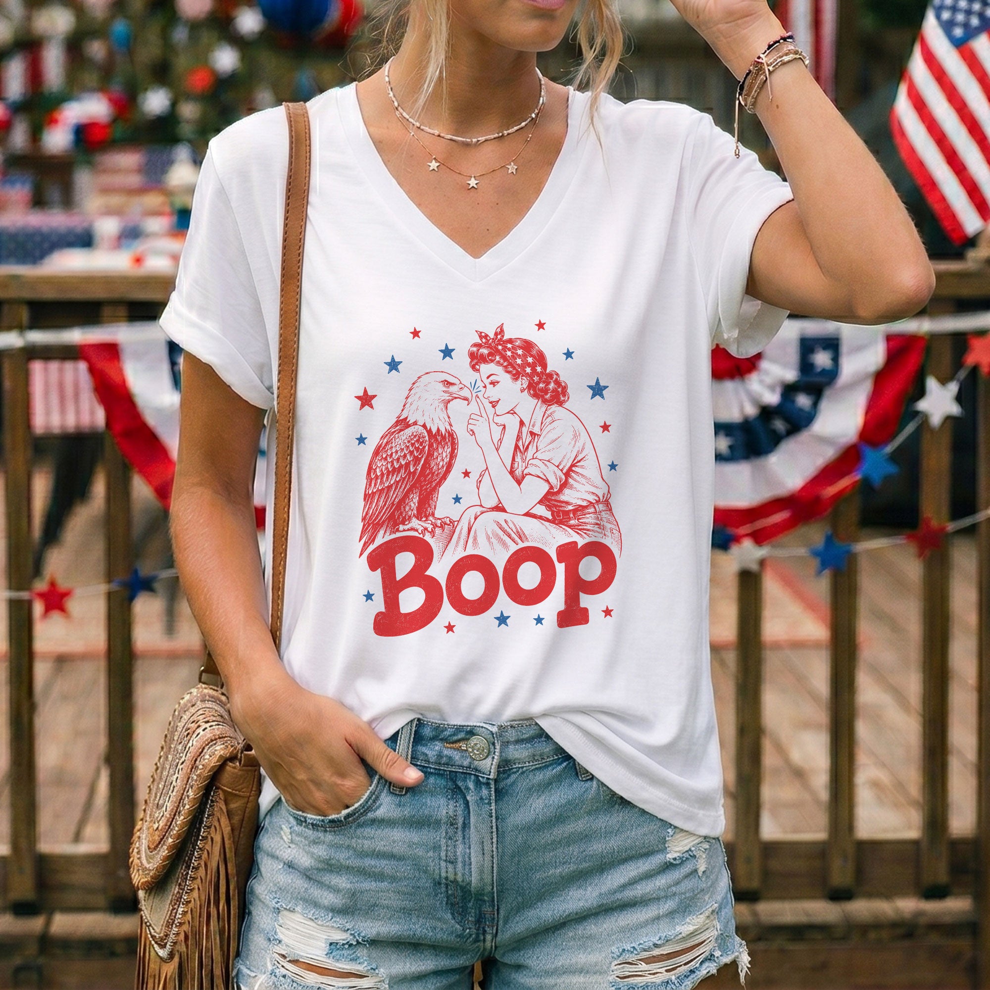 Boop Eagle V-Neck T-Shirt Women Patriotic Vintage Graphic Tee Retro American
