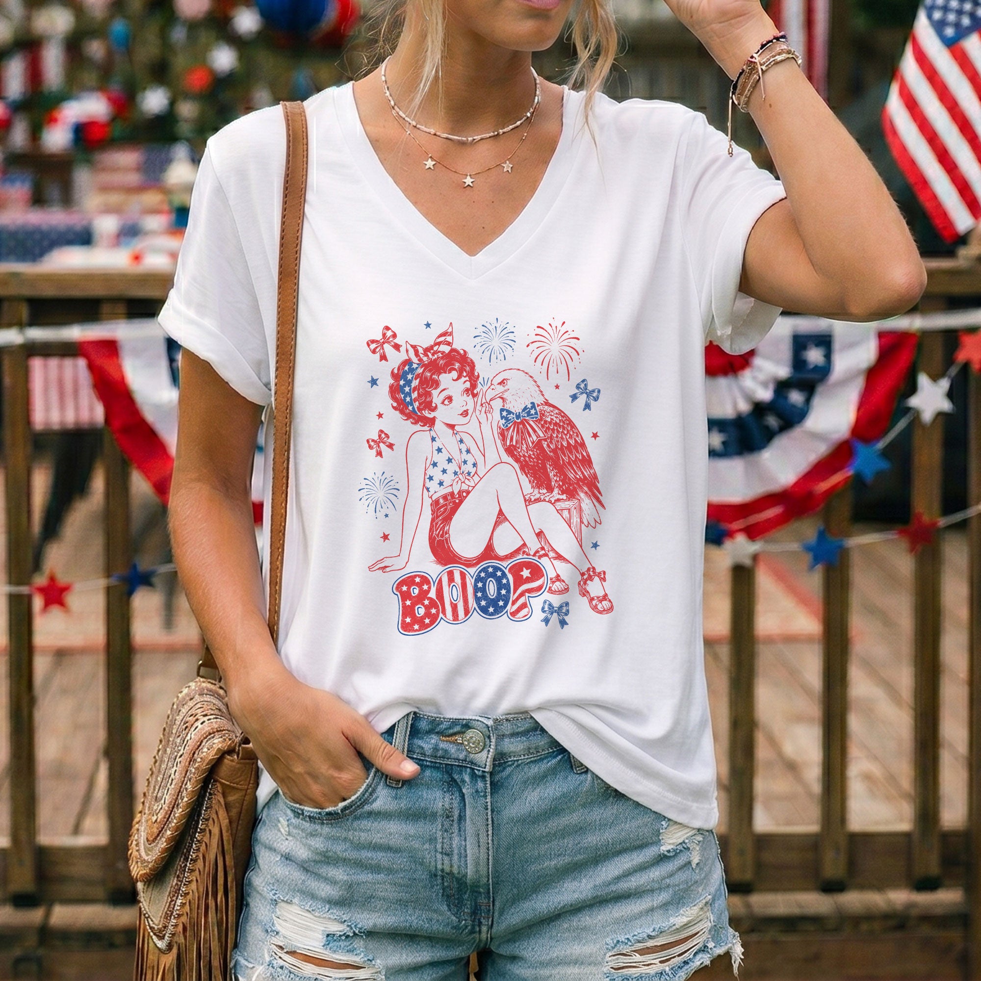 Boop Eagle V-Neck Shirt Women Patriotic Retro Pin Up Graphic American Style Tee