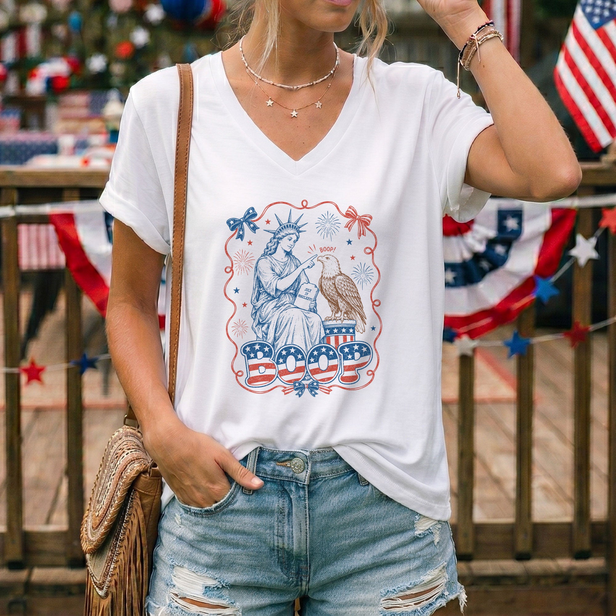 Boop Statue of Liberty V-Neck T-Shirt Women Patriotic Vintage Americana Graphic Tee