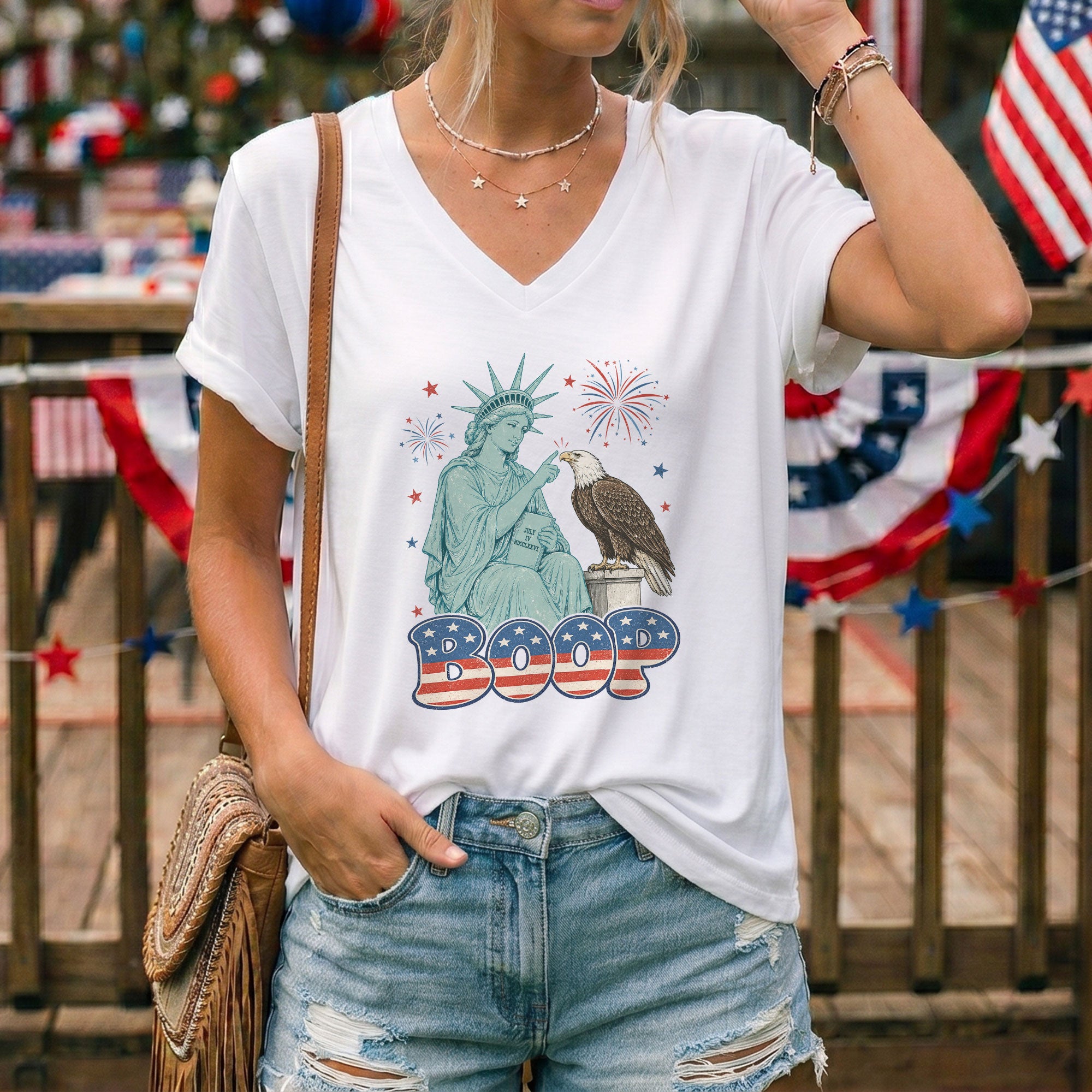 Boop Statue of Liberty Eagle V-Neck T-Shirt Women Patriotic Vintage Americana Tee