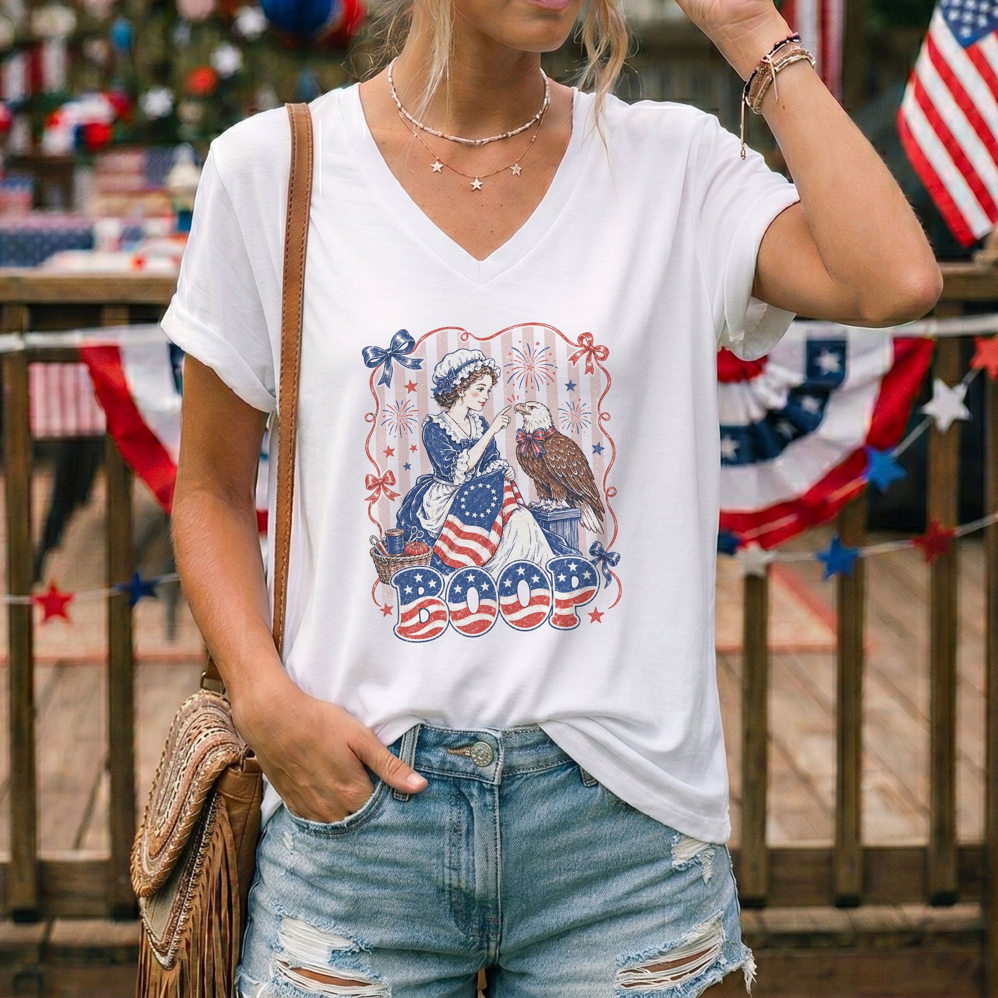 Boop Eagle V-Neck T-Shirt Women Patriotic Vintage Americana Lady Liberty Graphic Tee