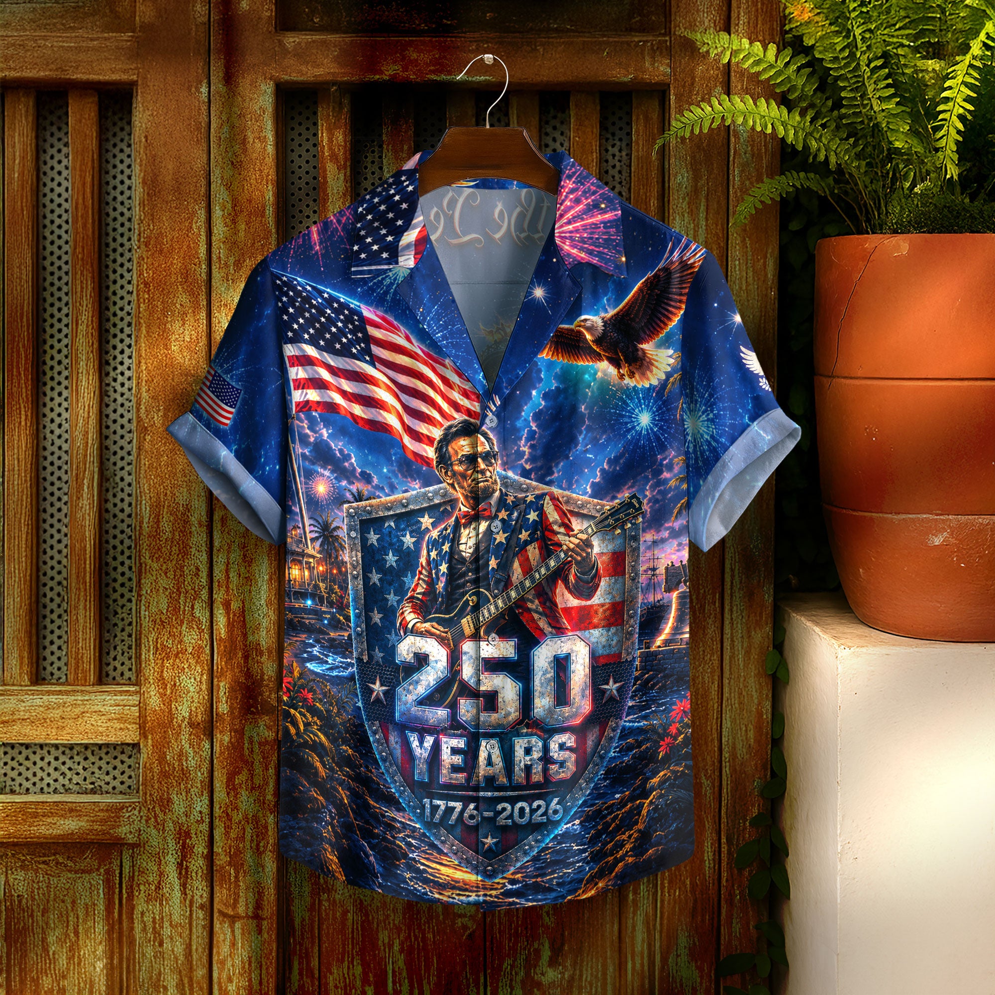 Hawaiian Shirt Patriotic 250th Anniversary Abraham Lincoln Eagle Fireworks