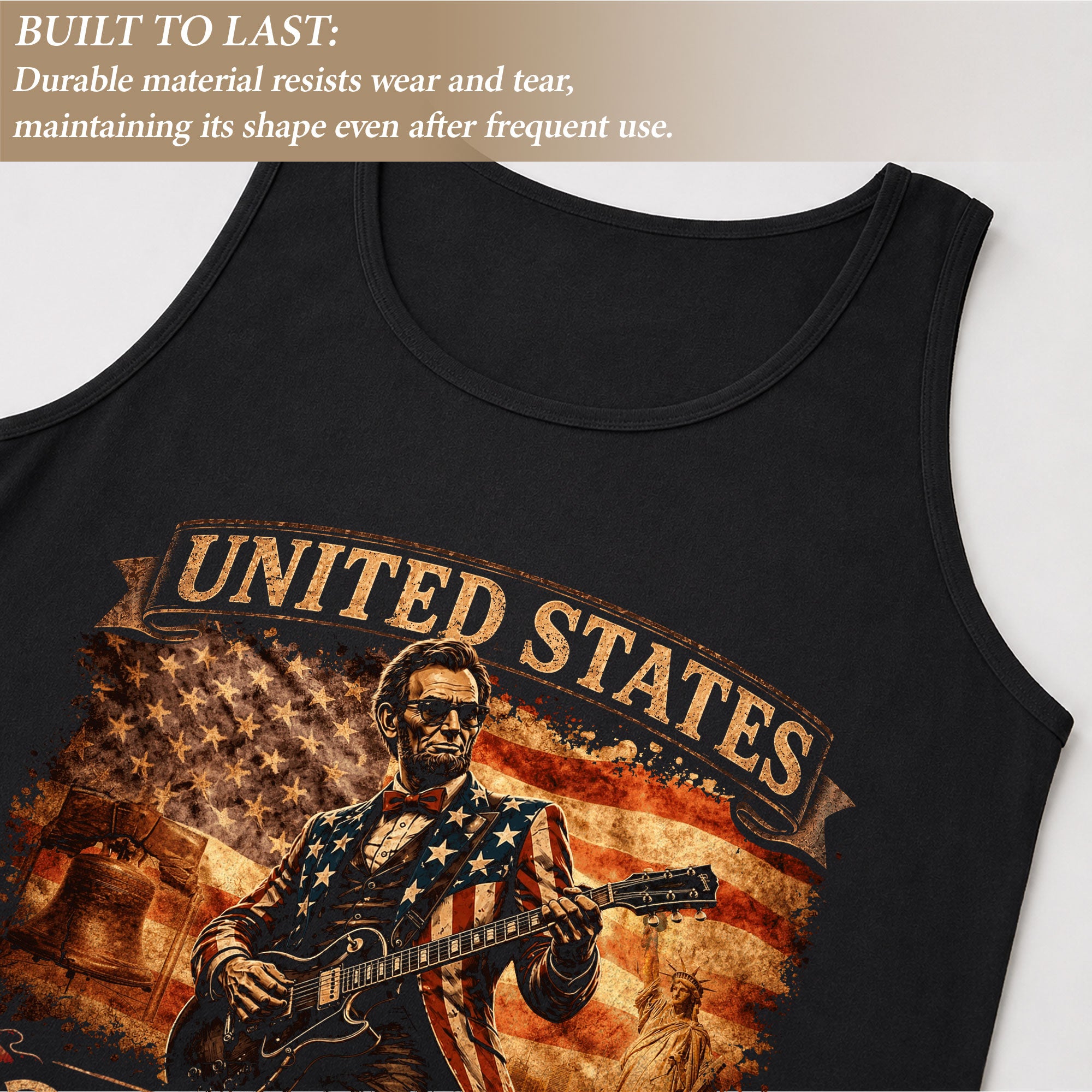 Lincoln Flag Suit Guitar Tank Top 1776-2026 Patriotic Vintage Men Graphic Sleeveless Shirt