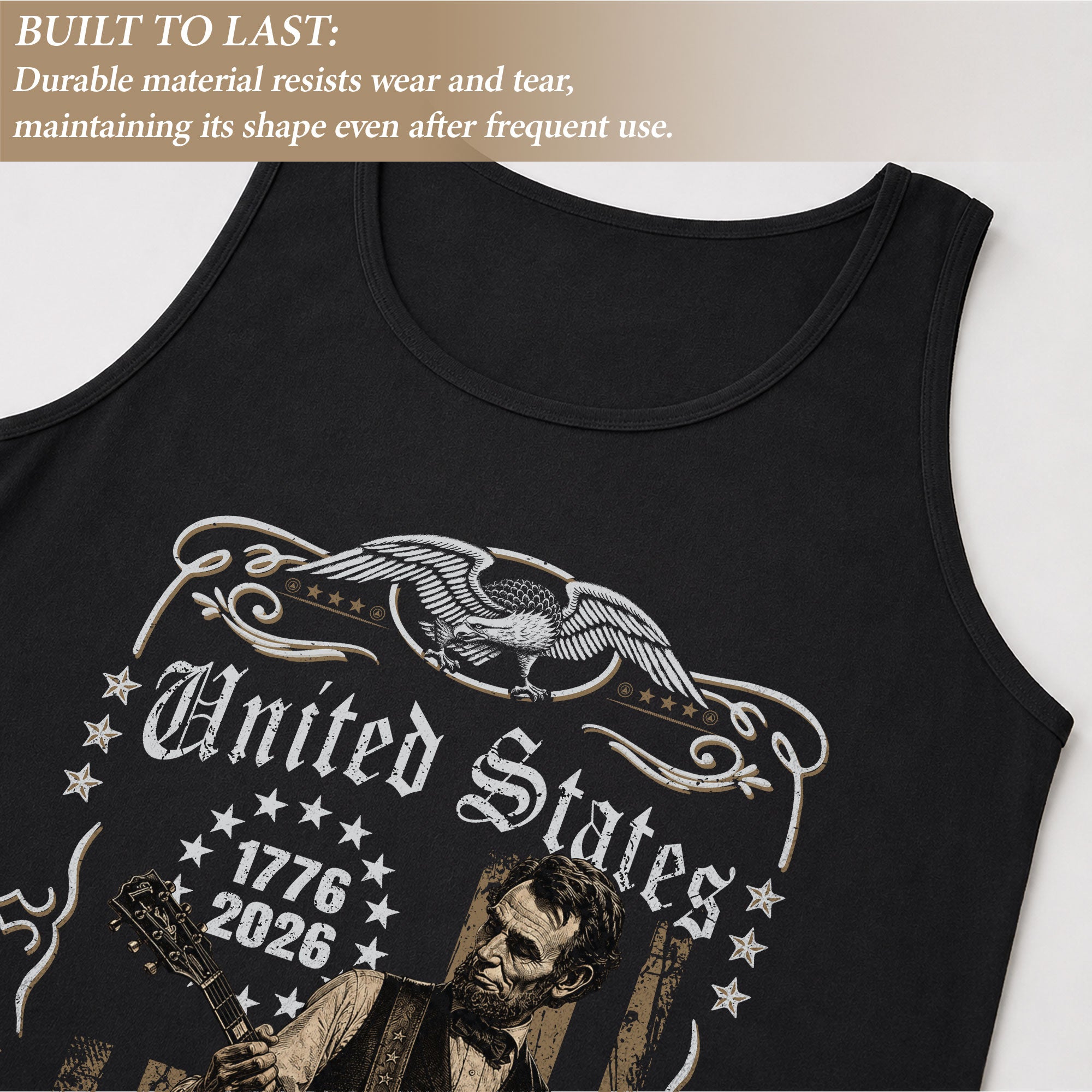 Lincoln Guitar Frame Tank Top 1776-2026 Patriotic Vintage Men Graphic Sleeveless Gym Shirt