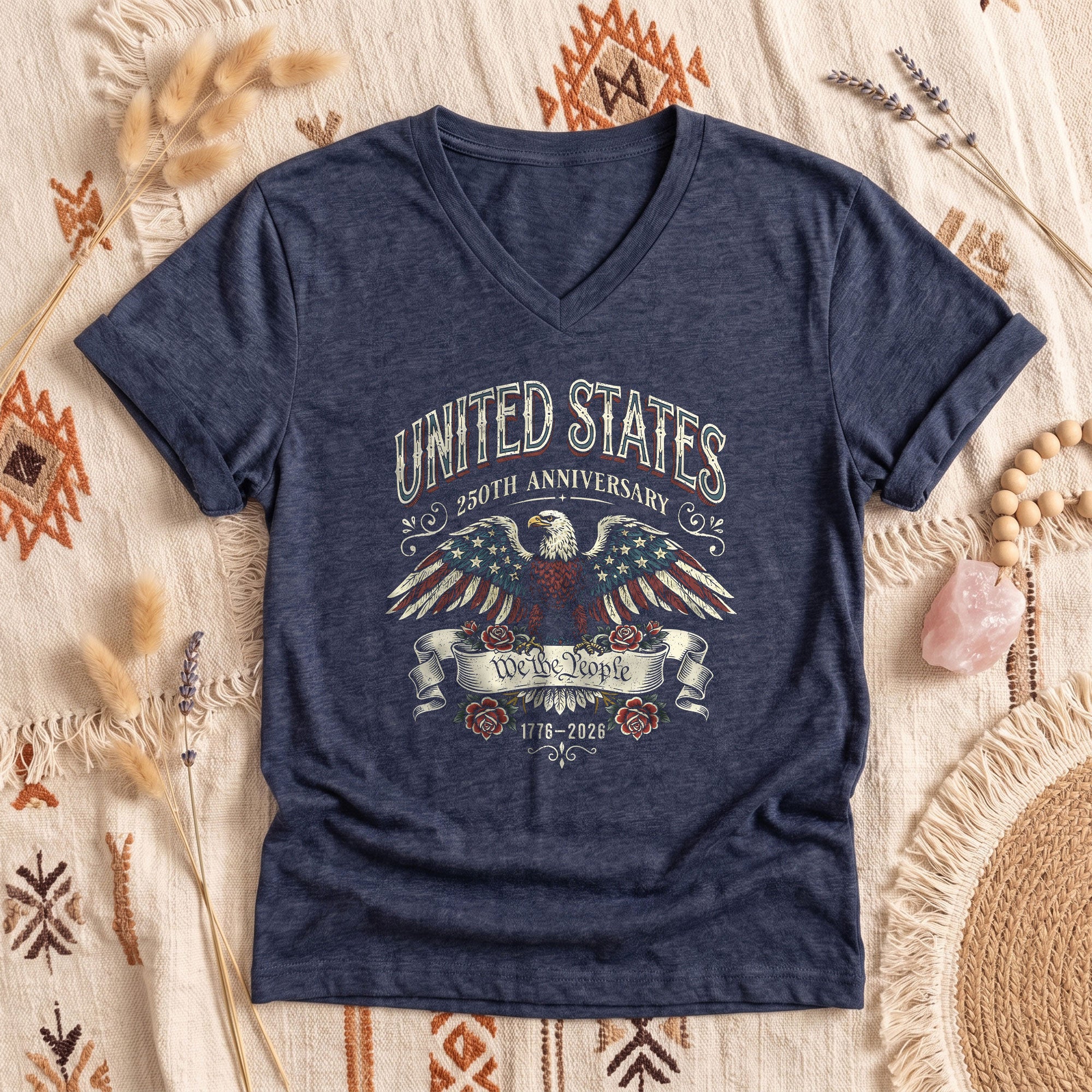 Womens 250th Anniversary V Neck Shirt Vintage Patriotic Eagle Rose 1776 2026 Tee