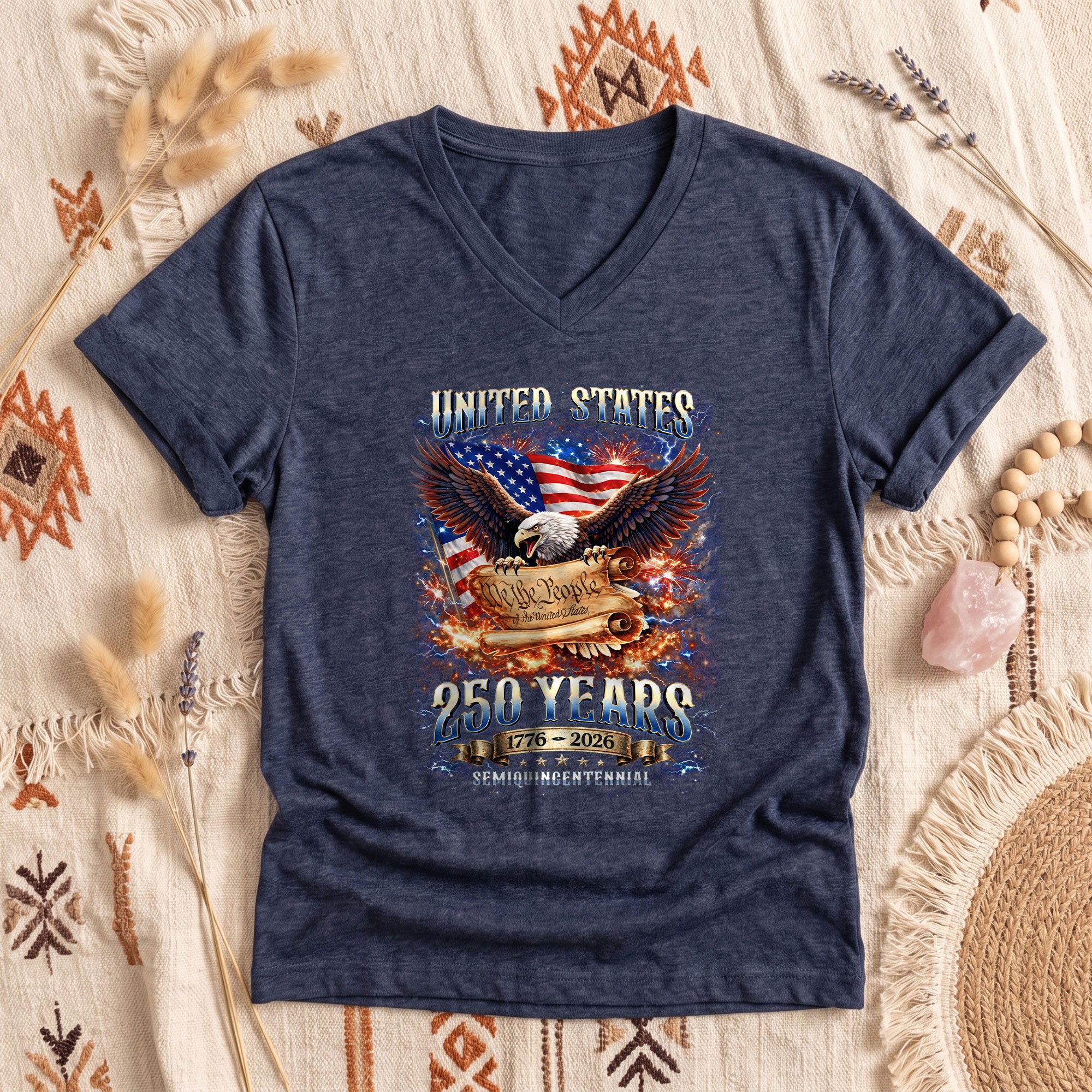 United States 250 Years Womens V Neck Shirt Retro We The People Firework Eagle Top