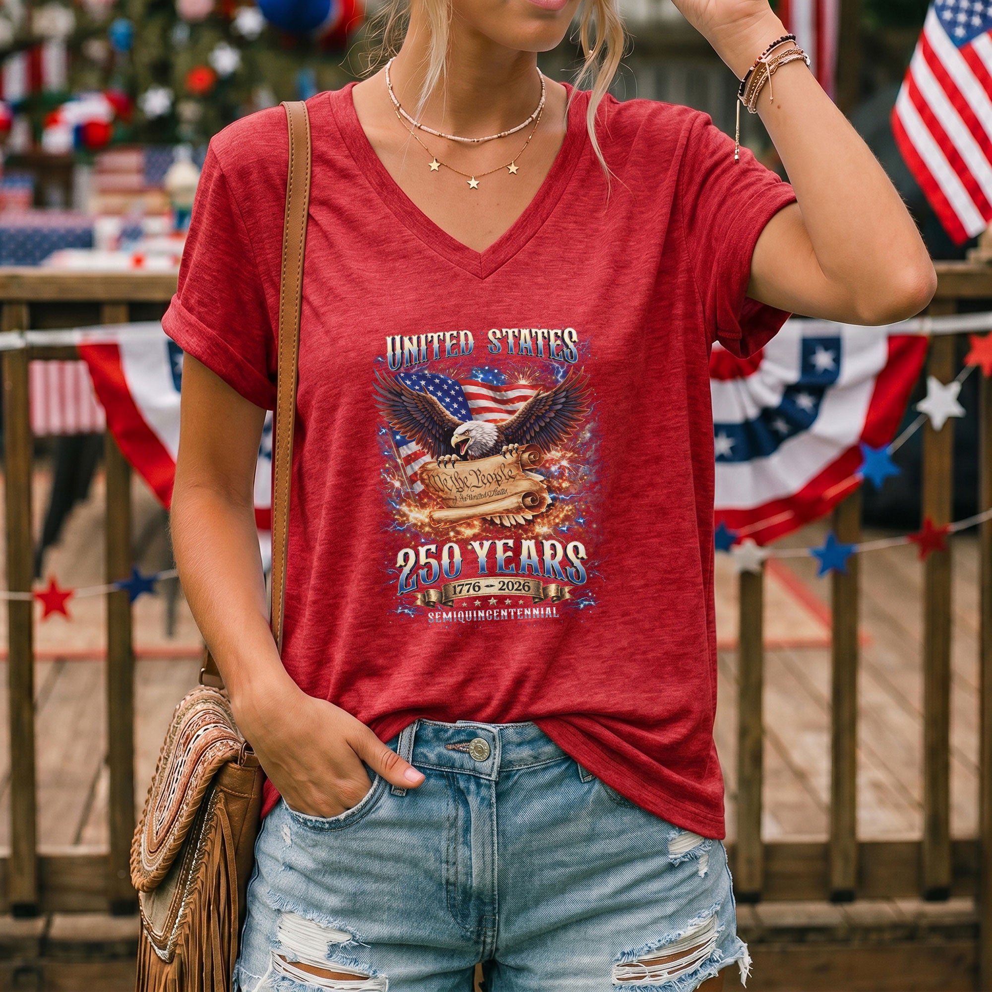 United States 250 Years Womens V Neck Shirt Retro We The People Firework Eagle Top