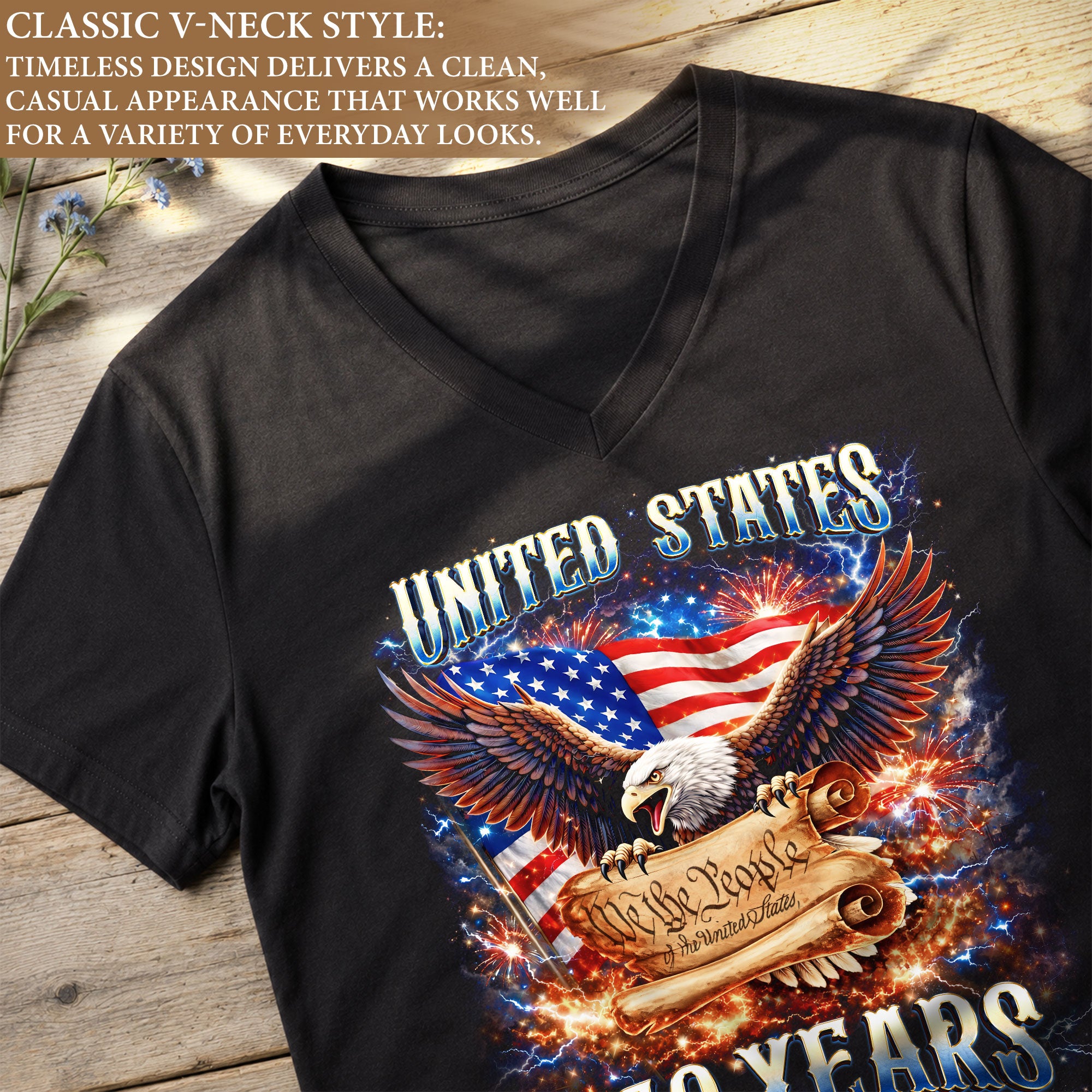 United States 250 Years Womens V Neck Shirt Retro We The People Firework Eagle Top