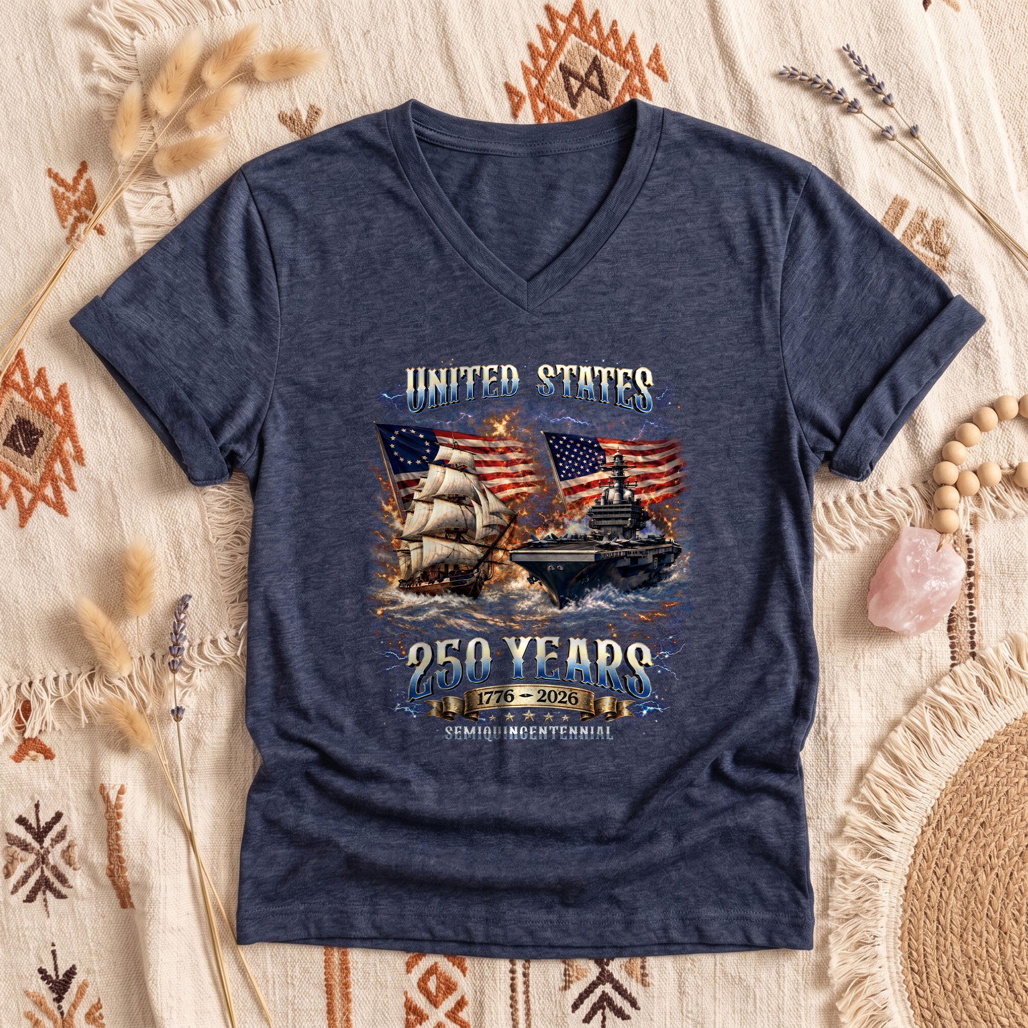 Patriotic Ship Womens V Neck Shirt Cool Military Flag Vintage 250 Years 1776 2026 Tee
