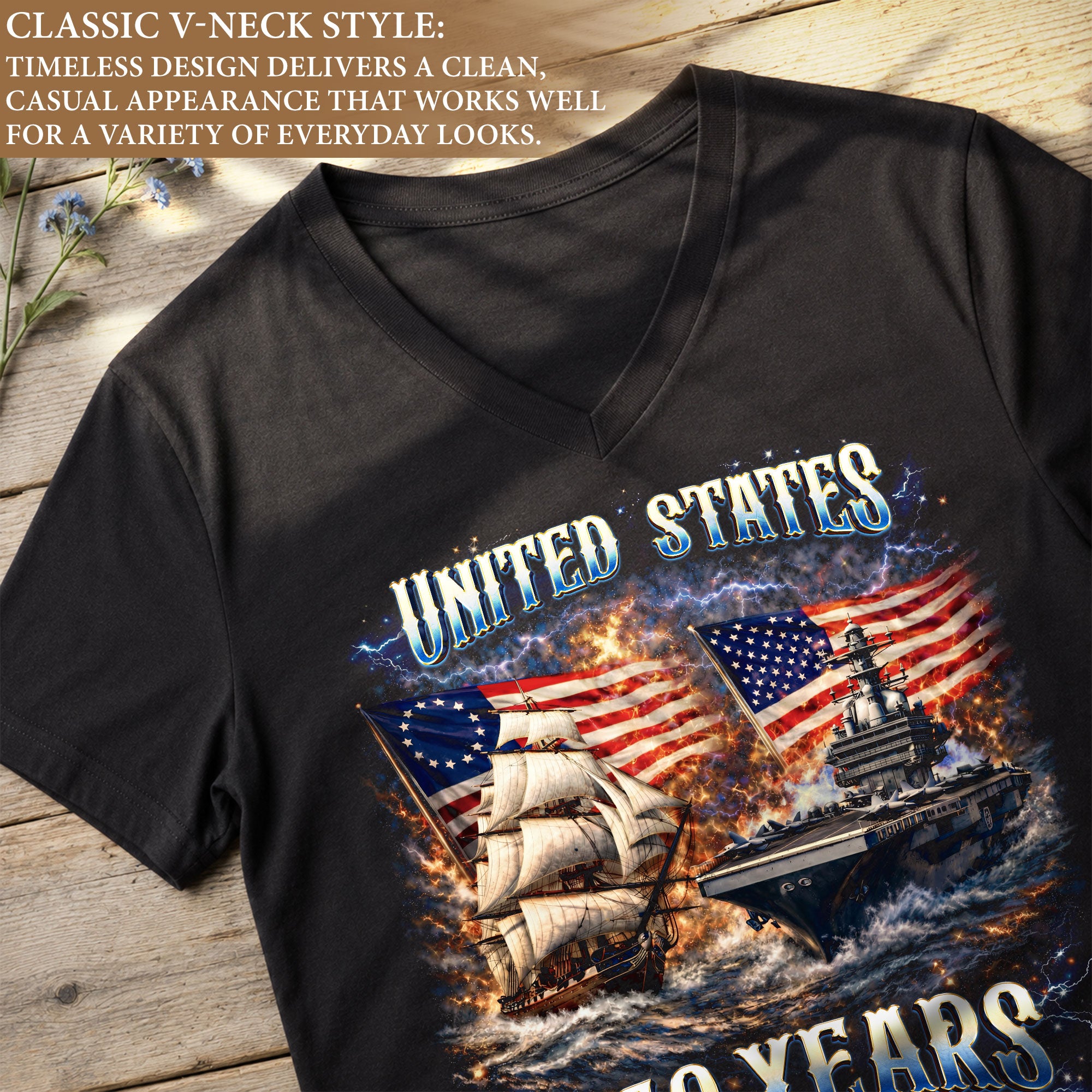 Patriotic Ship Womens V Neck Shirt Cool Military Flag Vintage 250 Years 1776 2026 Tee