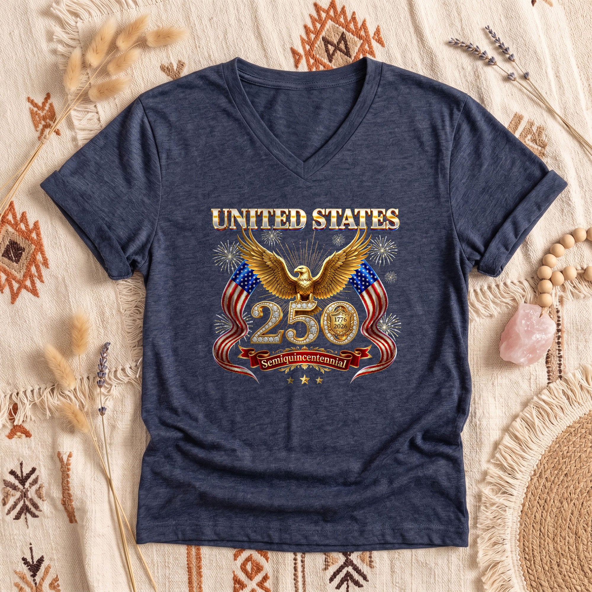 United States 250 Year Anniversary T Shirt Patriotic American V Neck Graphic Tee Unisex