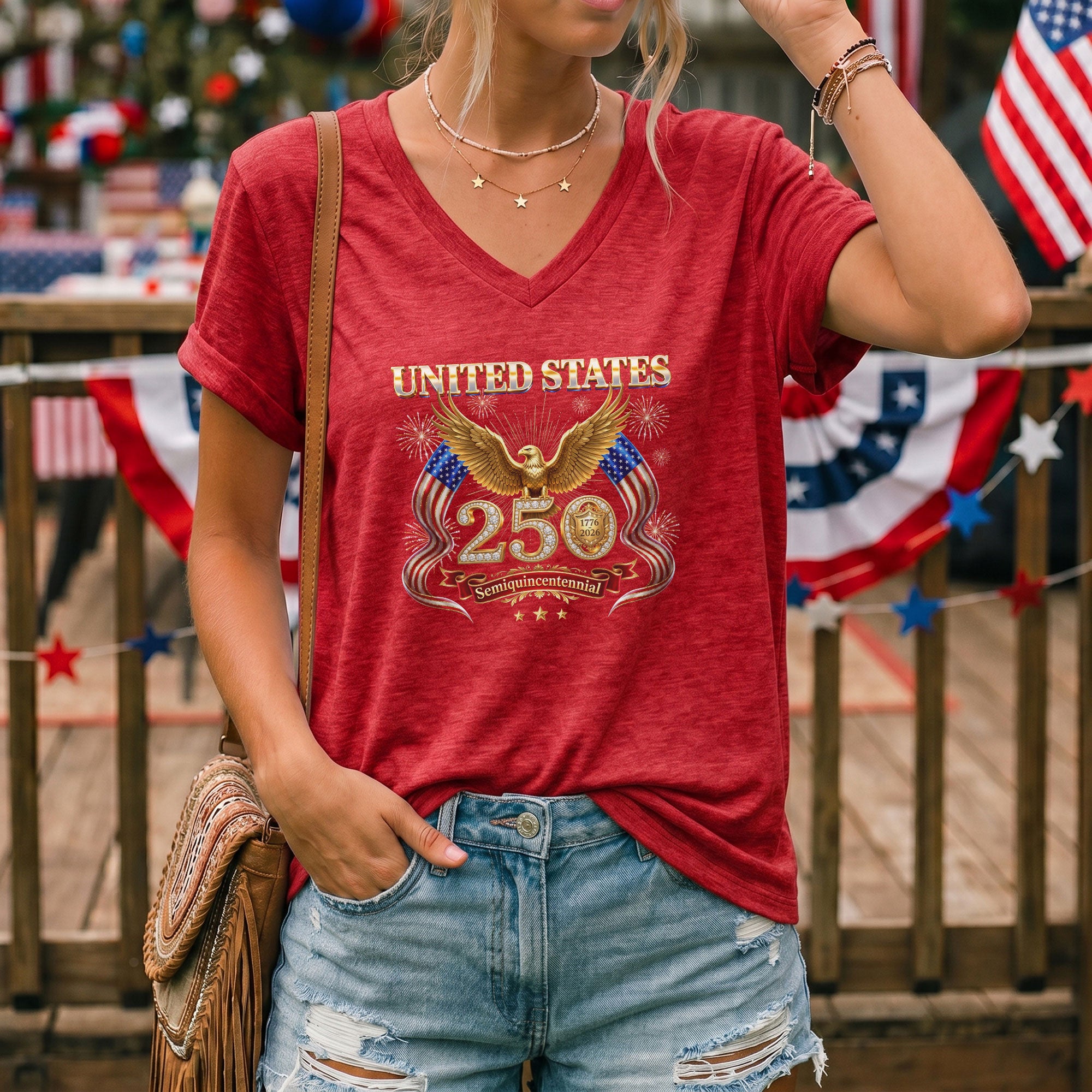 United States 250 Year Anniversary T Shirt Patriotic American V Neck Graphic Tee Unisex