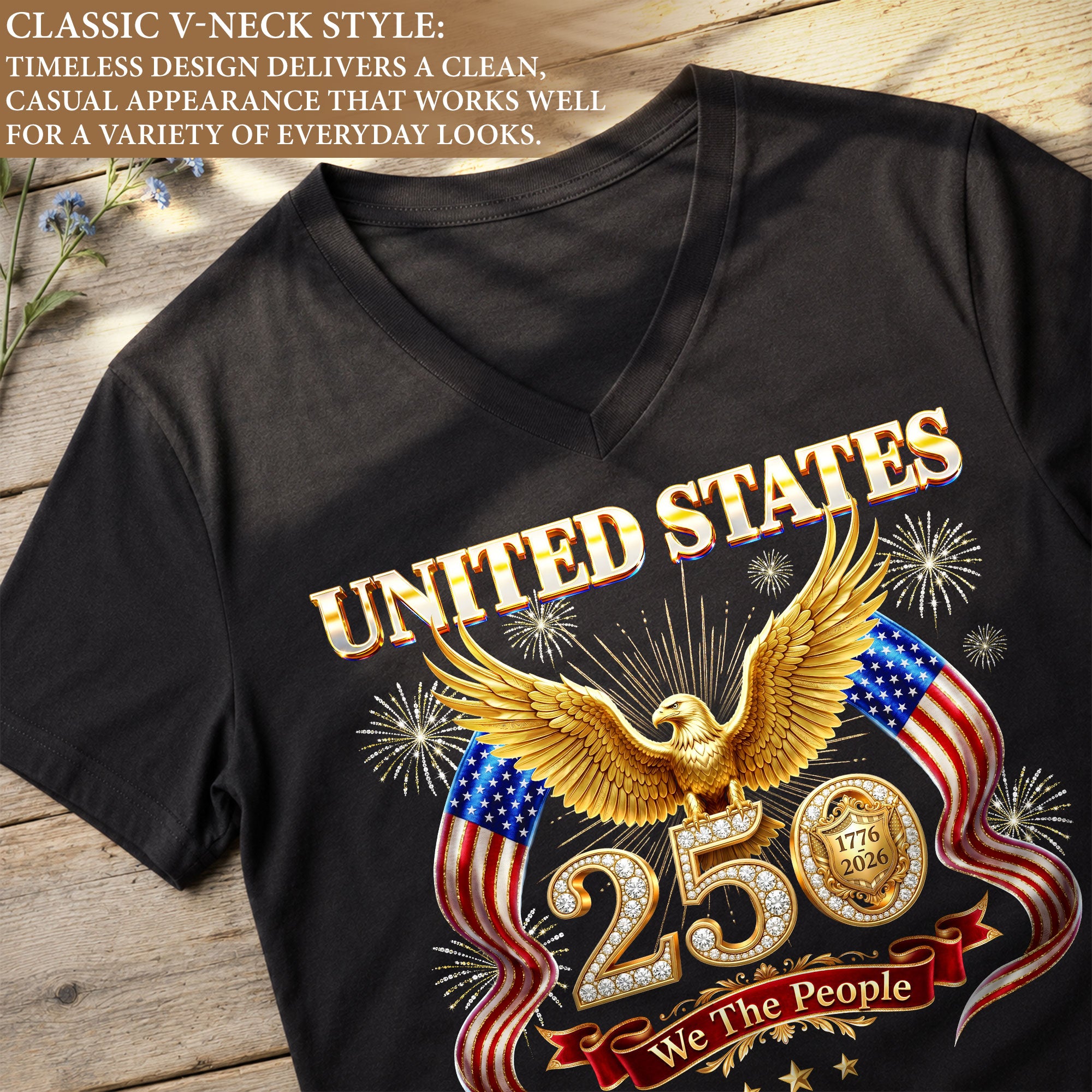United States 250 Year Anniversary T Shirt Patriotic American V Neck Graphic Tee Unisex