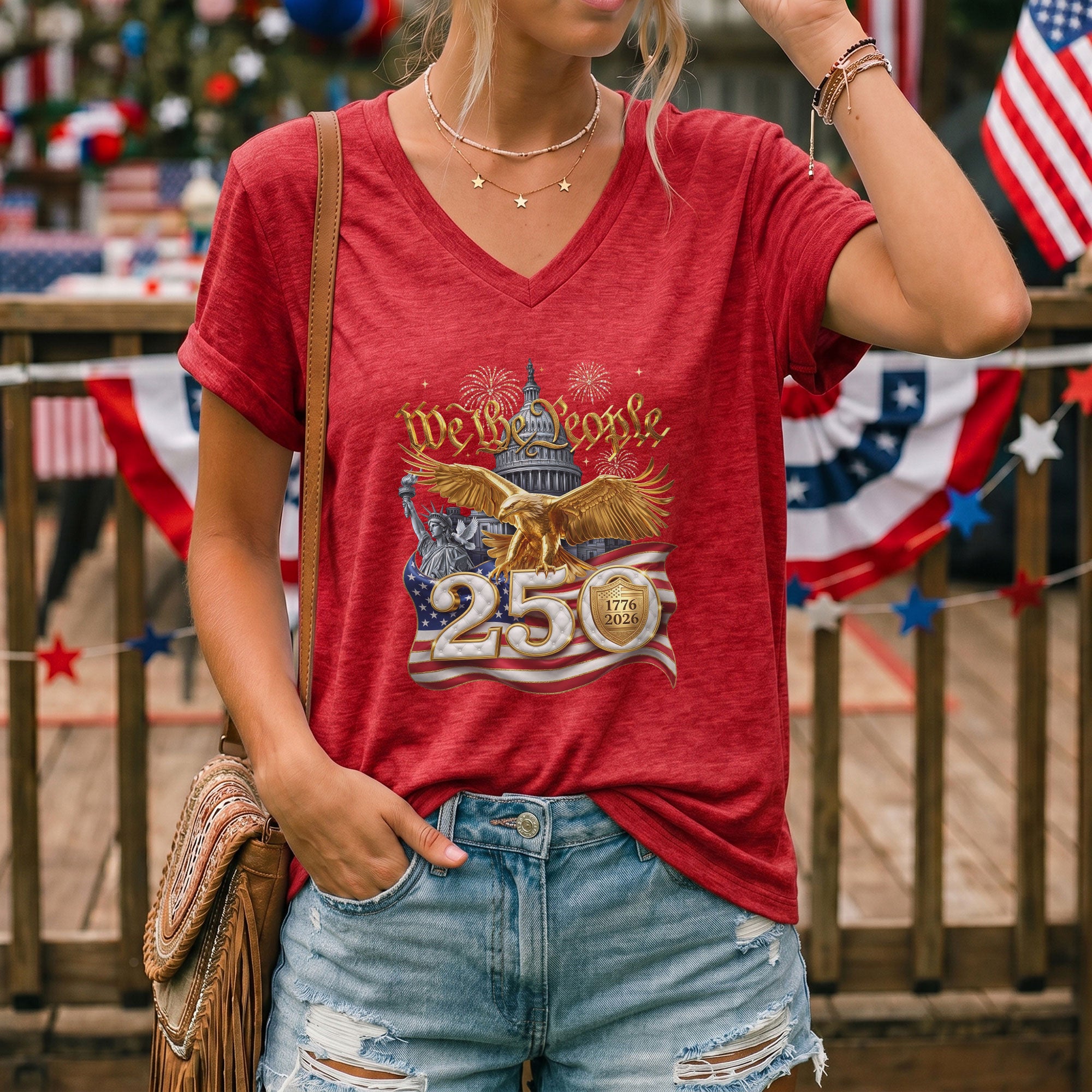 We The People 250 Year Anniversary T Shirt Patriotic American V Neck Graphic Tee Unisex