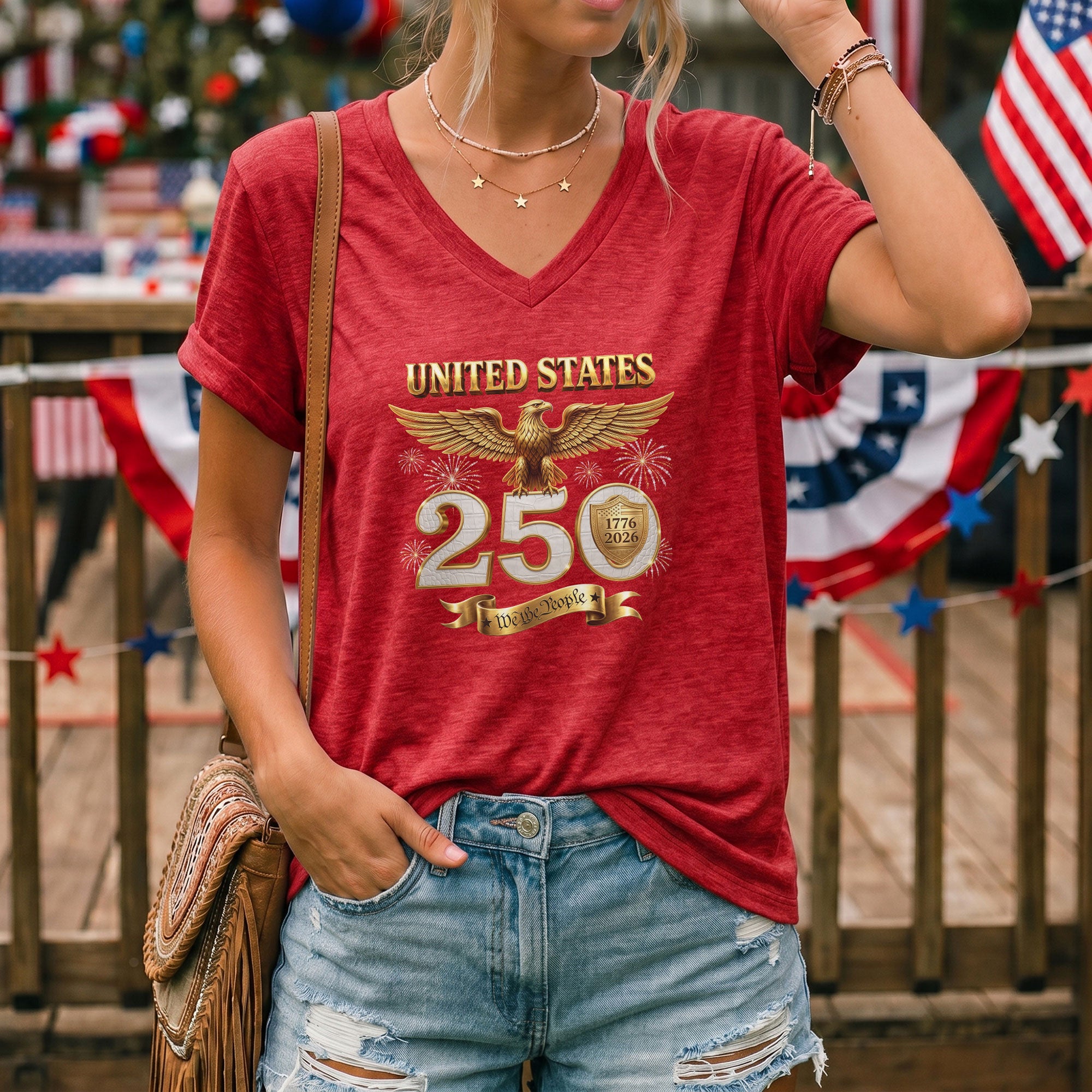 United States 250 Year Anniversary T Shirt We The People Patriotic V Neck Graphic Tee