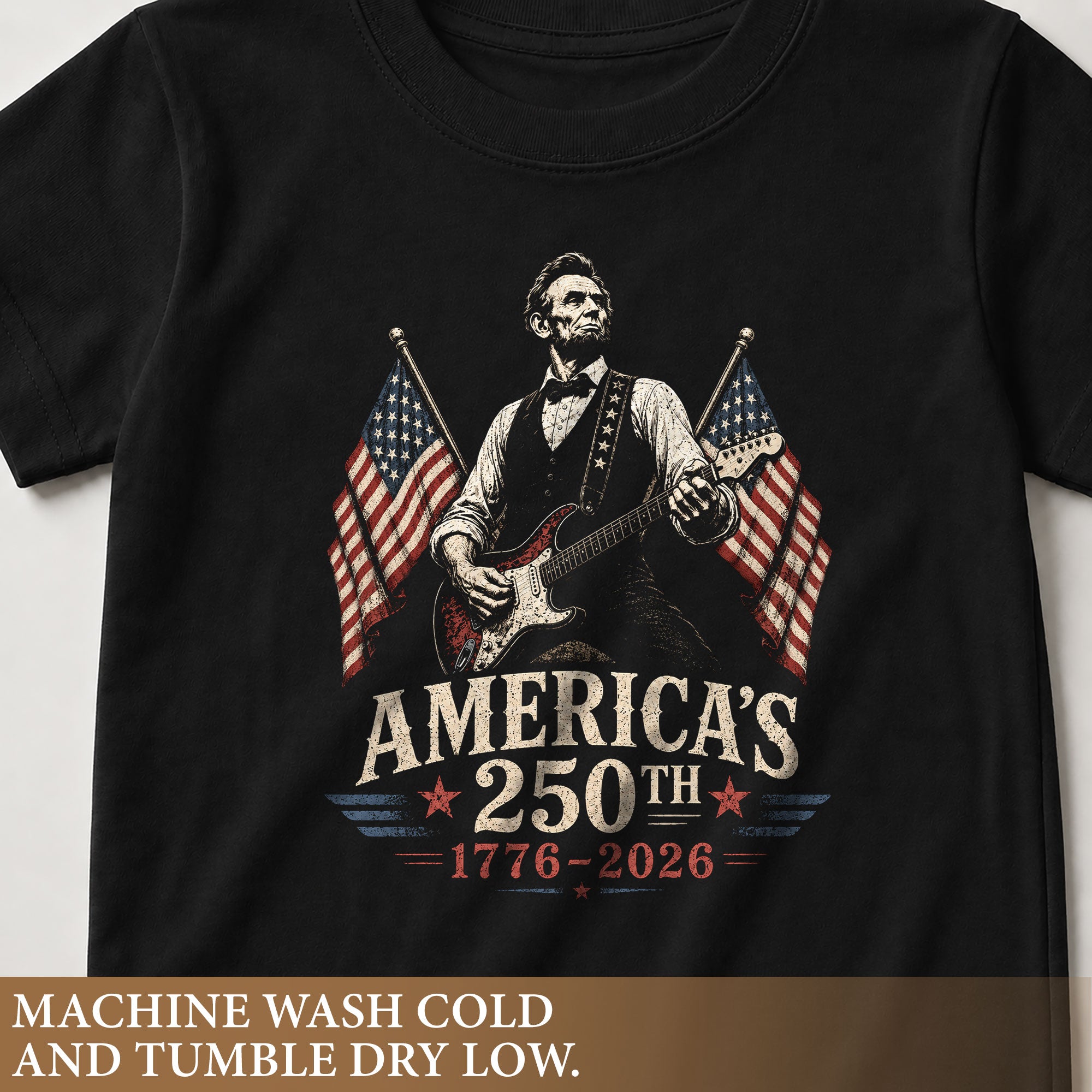 250th Patriotic Kids T Shirt Retro Abraham Lincoln Playing Guitar Flag Tee