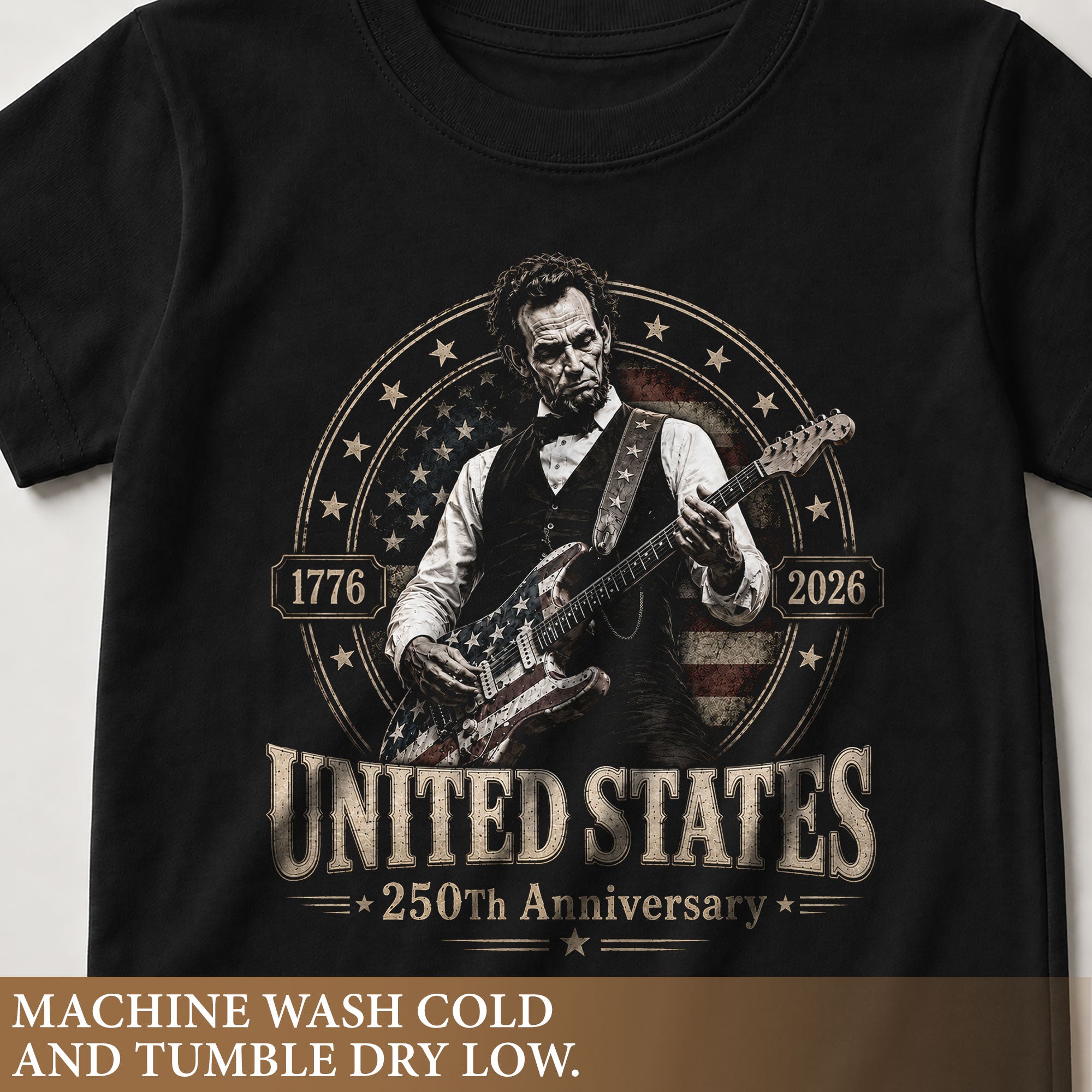 Kids 250 Years Celebration Shirt Retro Round Flag Graphic Abraham Lincoln Rocker Tee