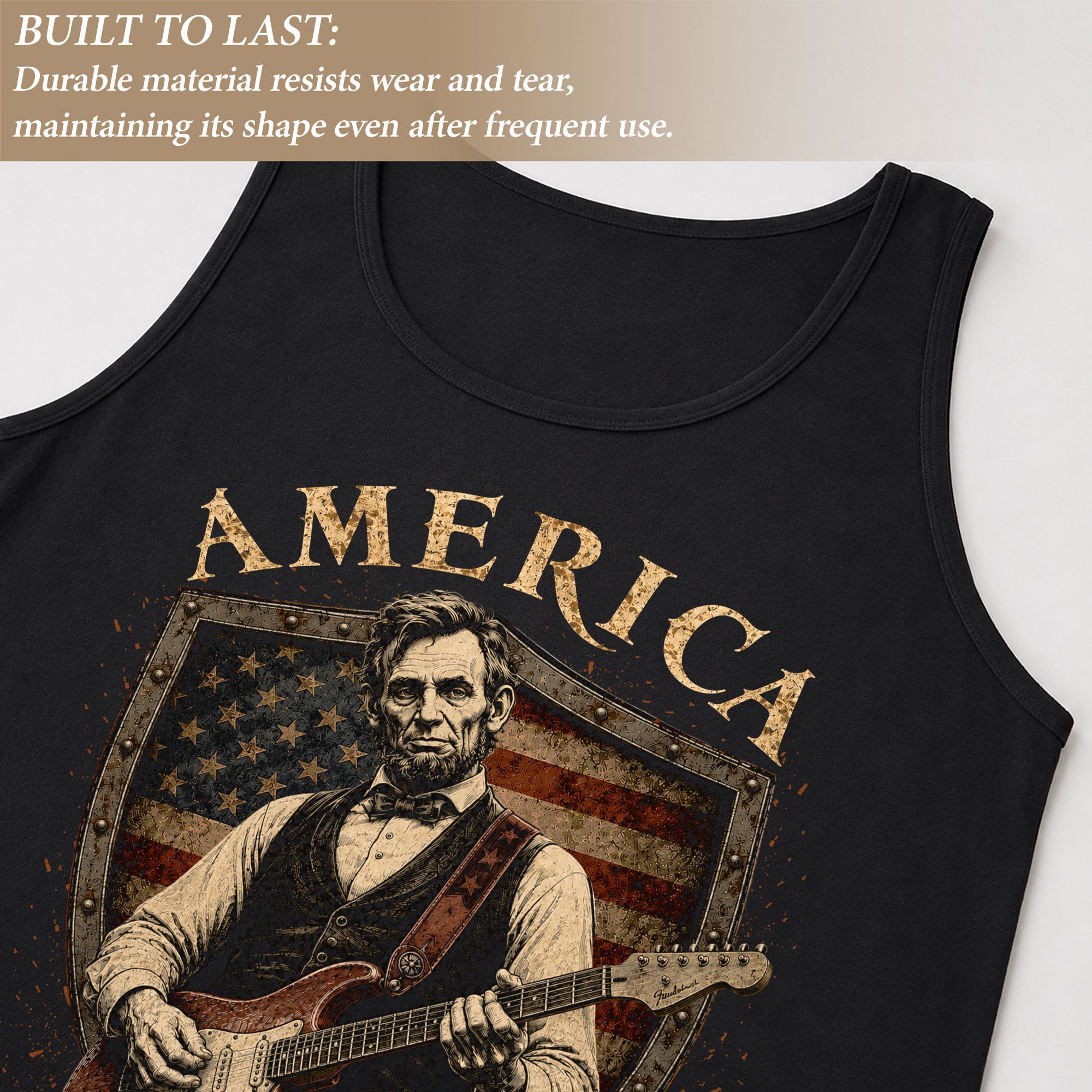 Lincoln Shield Guitar Tank Top 1776-2026 Patriotic Vintage Men Graphic Sleeveless Shirt
