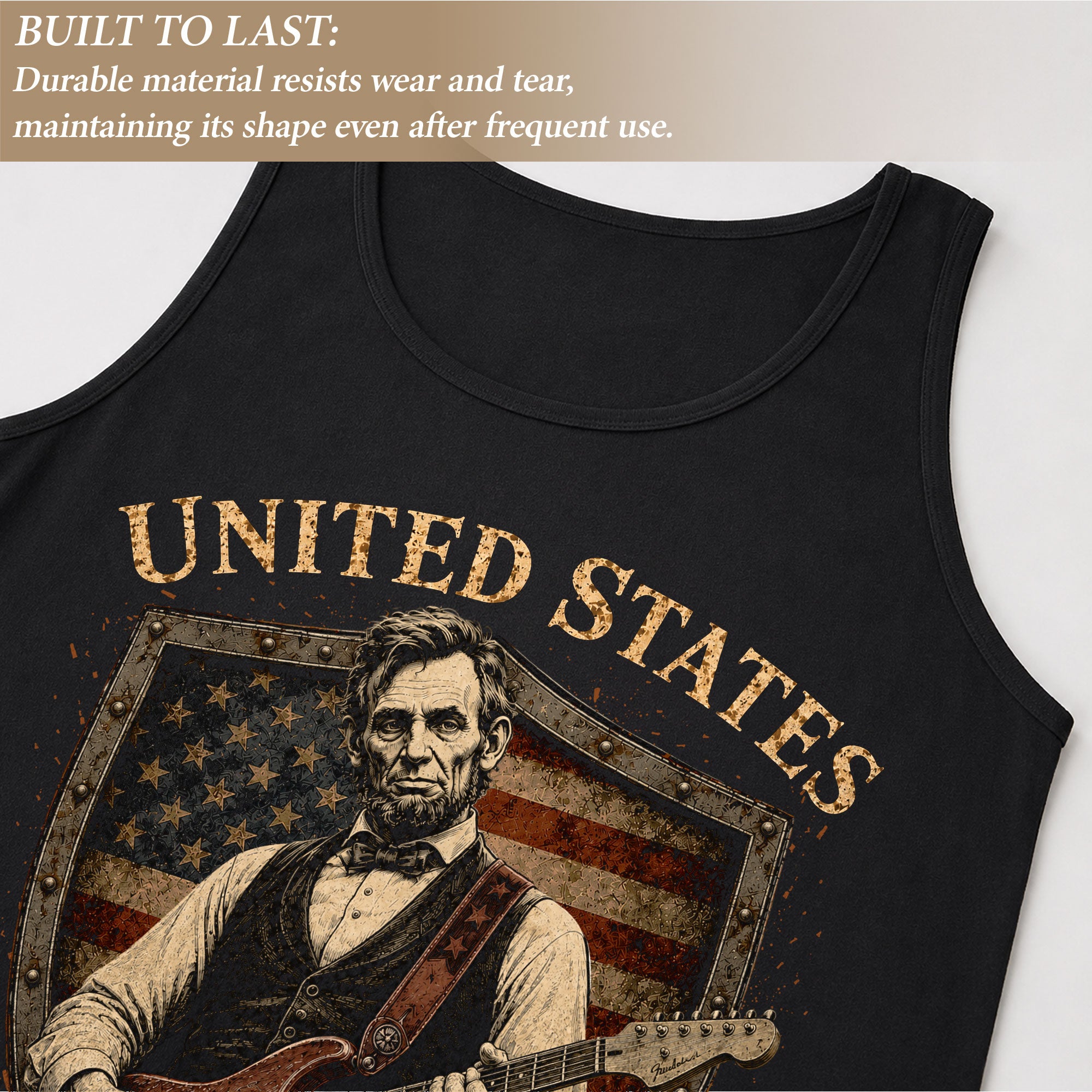 Lincoln Shield Guitar Tank Top 1776-2026 Patriotic Vintage Men Graphic Sleeveless Shirt