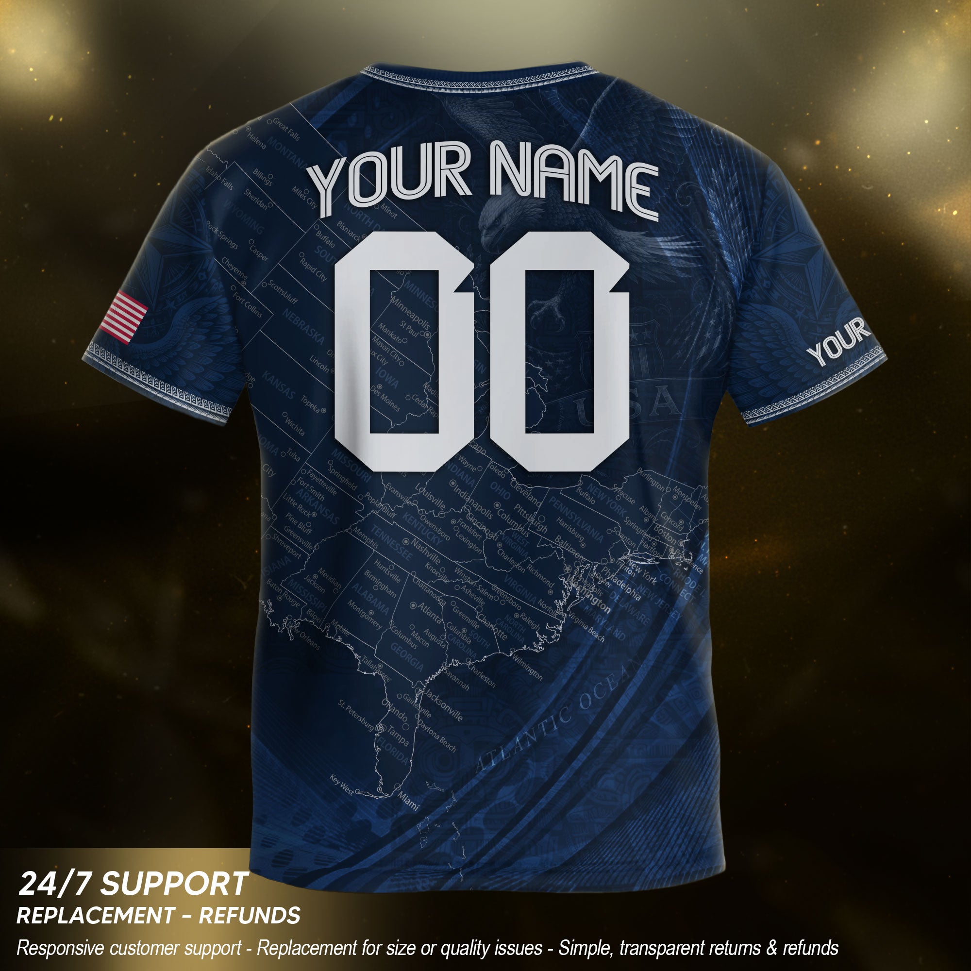 Custom Youth USA Soccer Outfit Navy Blue Jersey and Shorts with Personalized Details