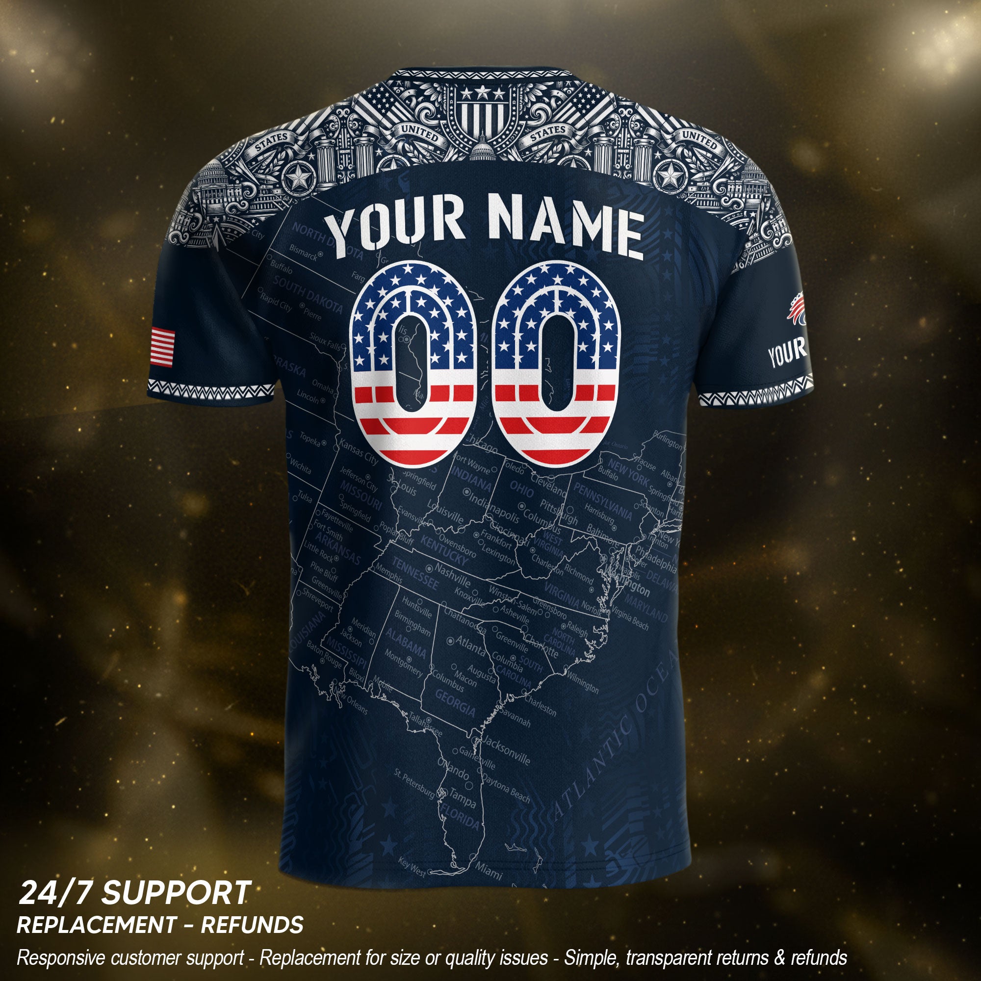 Custom Name Number USA Soccer Jersey Vintage Map Patriotic Navy Blue Football Team Shirt