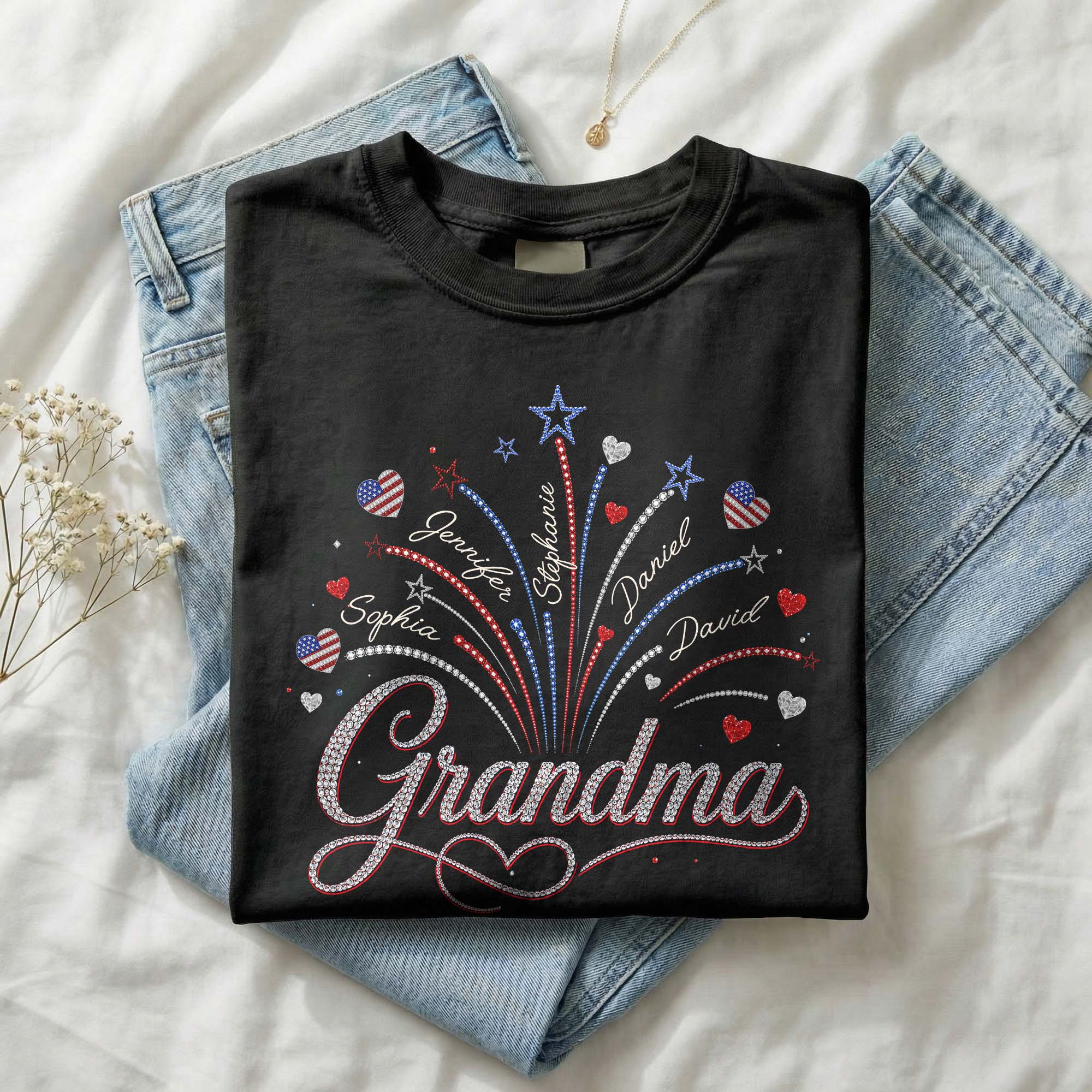 Heart Fireworks Holiday Shirts Custom Kids Names Personalized Title All Ages Apparel
