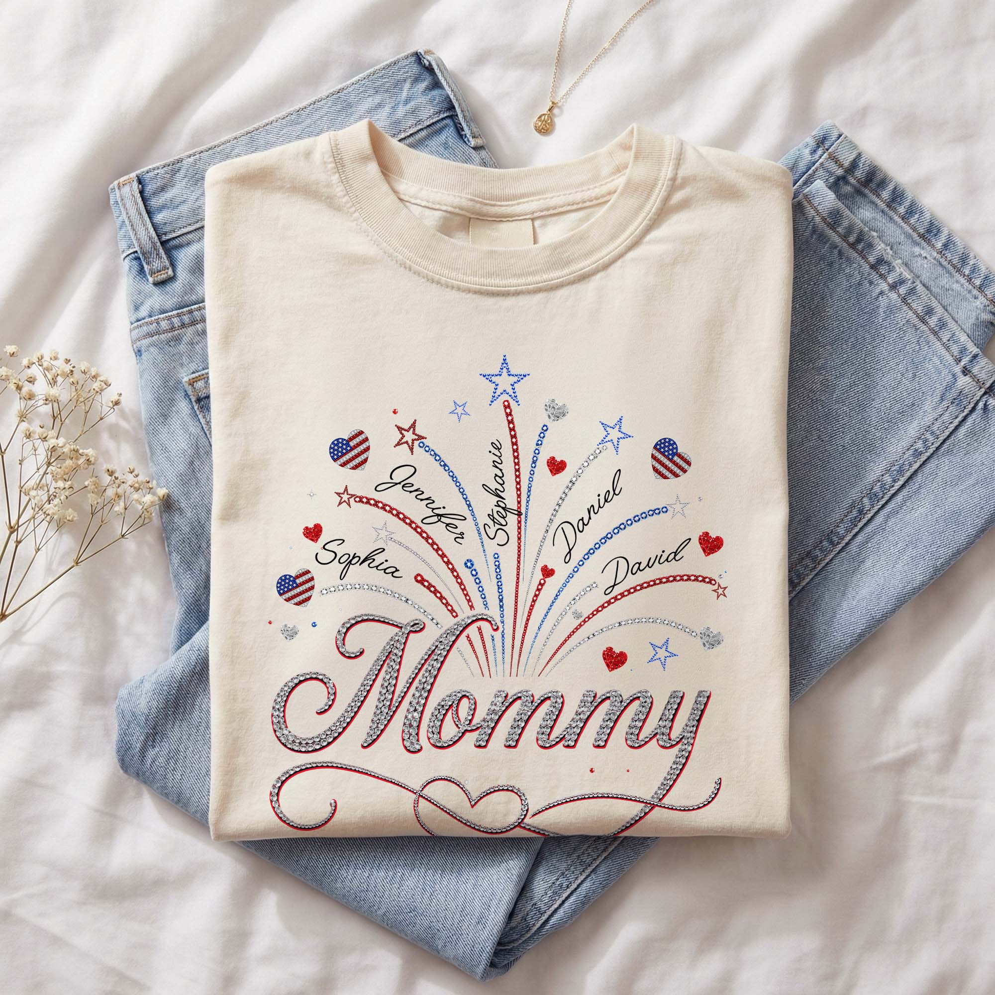 Heart Fireworks Holiday Shirts Custom Kids Names Personalized Title All Ages Apparel