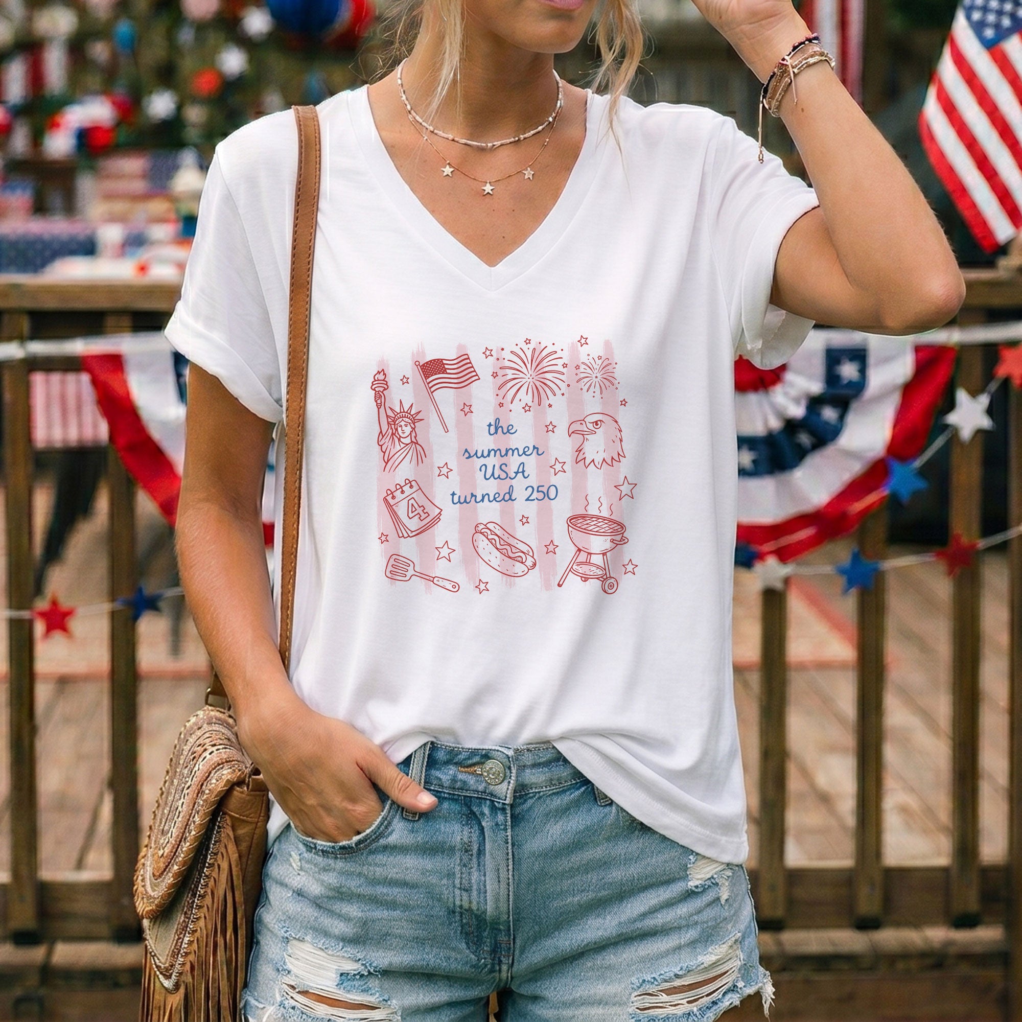 The Summer USA Turned 250 V-Neck Shirt Patriotic Women's Holiday Graphic Tee 2026